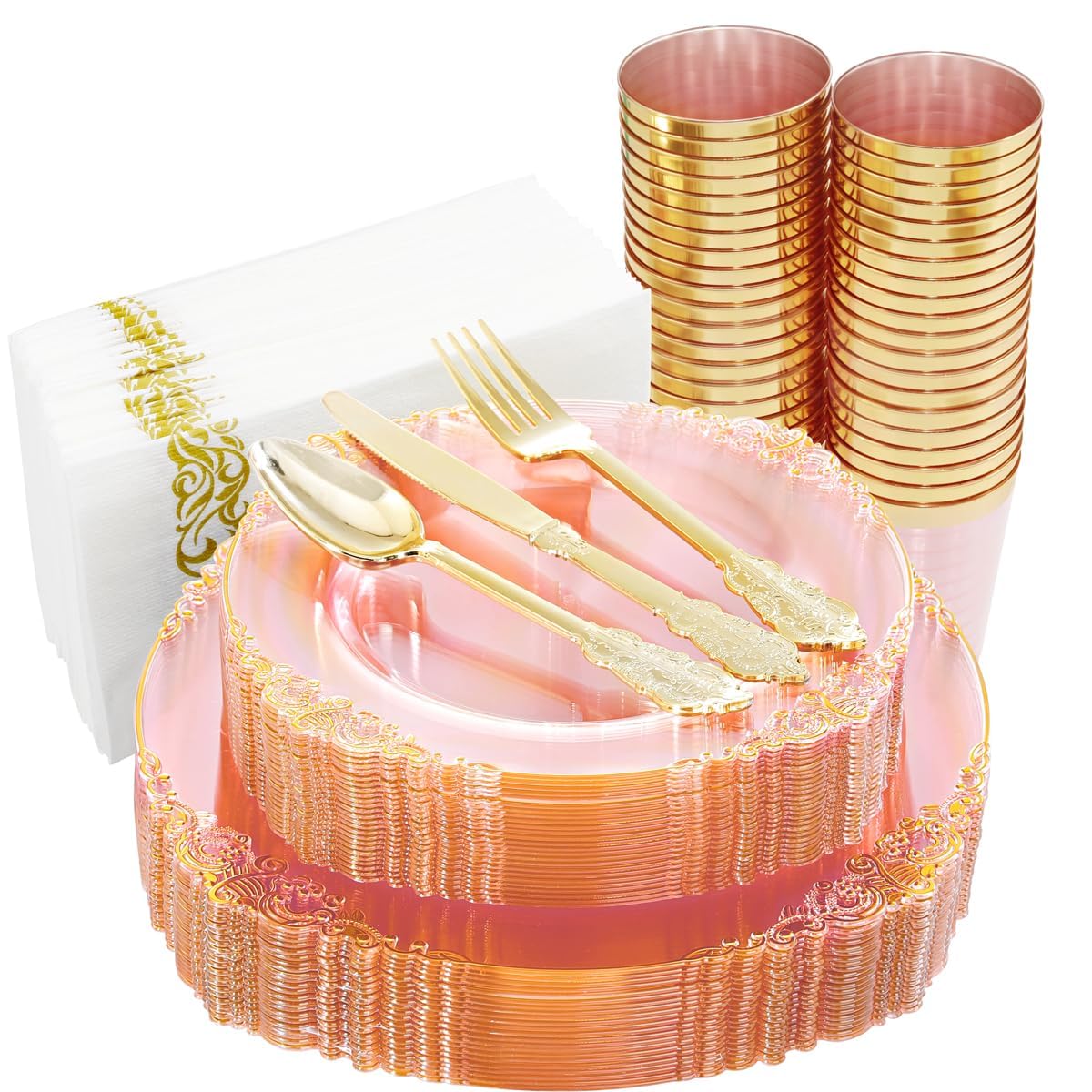 Hioasis 175pcs Pink and Gold Plates - Pink Party Plates for 25 Guest, Include 50 Heavy-duty Plates(20% Thicker Than Standard), 75 Cutlery Set, 25 Napkin, 25 Cups for Party & Easter