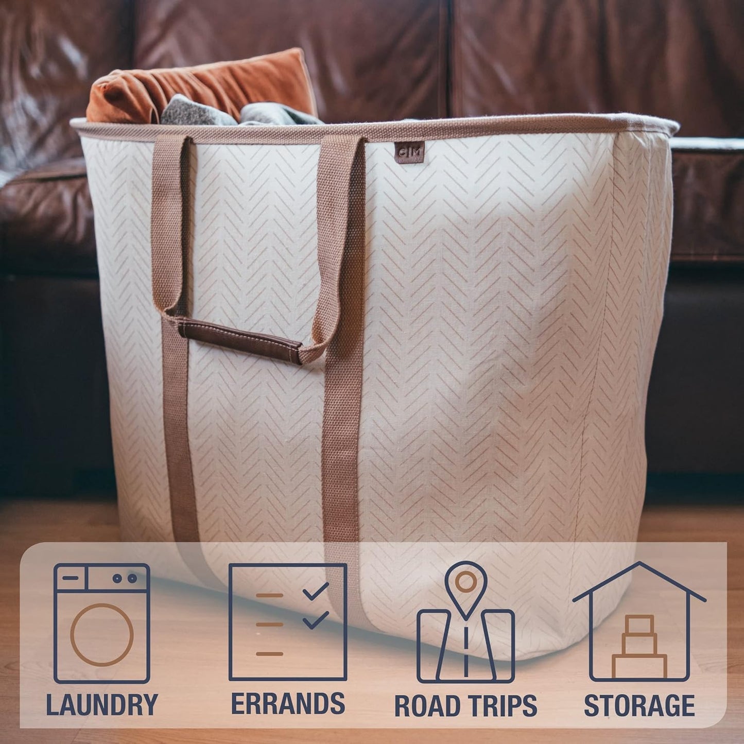 CleverMade Collapsible Laundry Caddy – Foldable Laundry Hamper & Tote, XXL 64L Pop-Up Laundry Basket with Handles, Space-Saving Laundry Organizer for Home & Travel, 2 Pack - LUXE Cream Herringbone