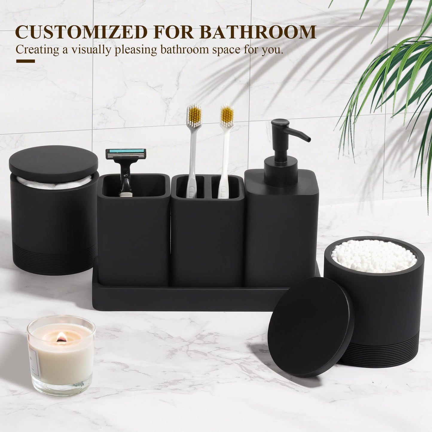 YMXYJM Bathroom Accessories Set, 6 Piece Bathroom Set with Toothbrush Holders, Soap Dispenser, Vanity Tray, Tumbler, Cotton Swab Jars, Bathroom Organizer，Bathroom Sink Sets, Matte Black