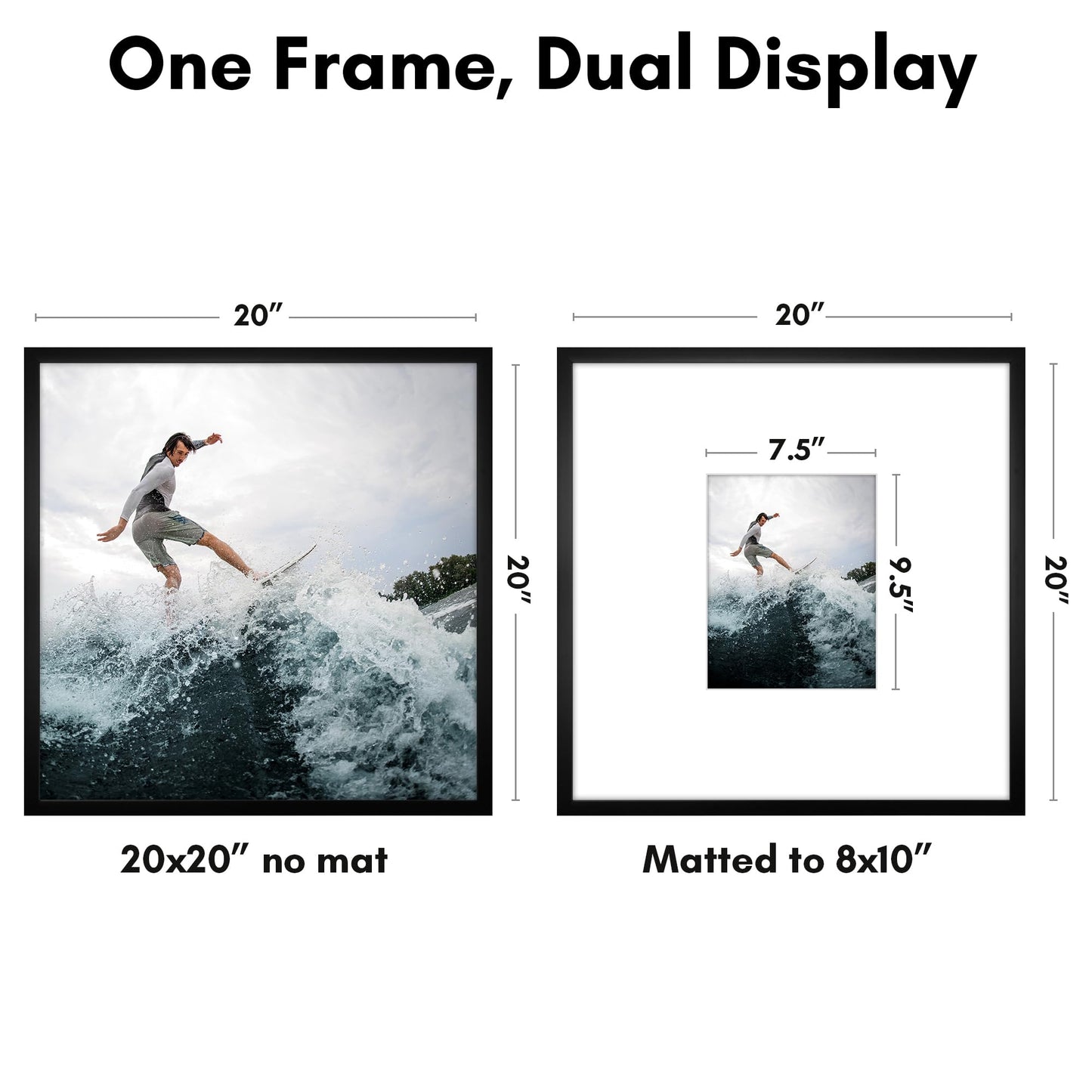 Americanflat 20x20 Picture Frame with Polished Plexiglass - Use as 8x10 Frame with Mat or Display 20x20 Photo Without Mat - Streamline Collection - Thin Border Square Frames for Wall Display - Black