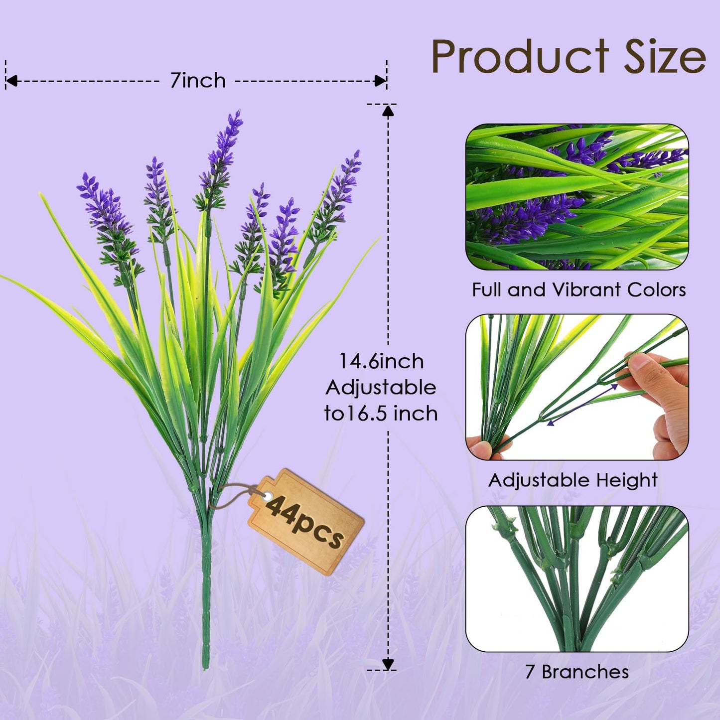 Rowfad 44 Pcs Artificial Outdoor Flowers Lavender Fake Greenery Plants UV Resistant Grass with Purple Flowers for Pot Decor for Window Garden Patio Hanging Planter Pathway Front Porch (44, Purple)