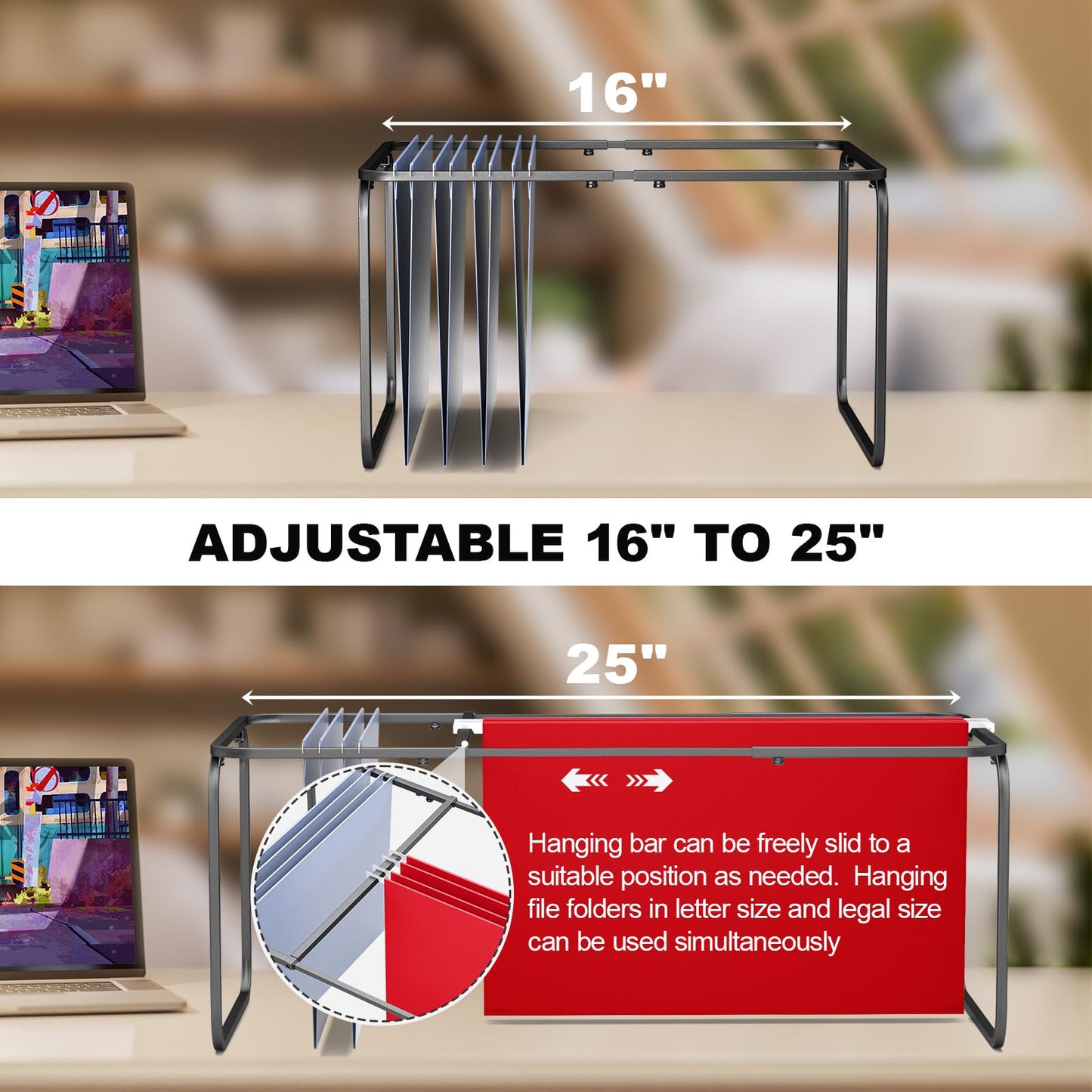 2 Sets Upgraded Adjustable Hanging File Folder Frame,Legal/Letter Size,Length Adjusted 16 to 25 inches,Heavy Duty Steel File Drawer/Cabinet Organizer Insert, Hanging Folder Holder,12.598" W X 9.45" H