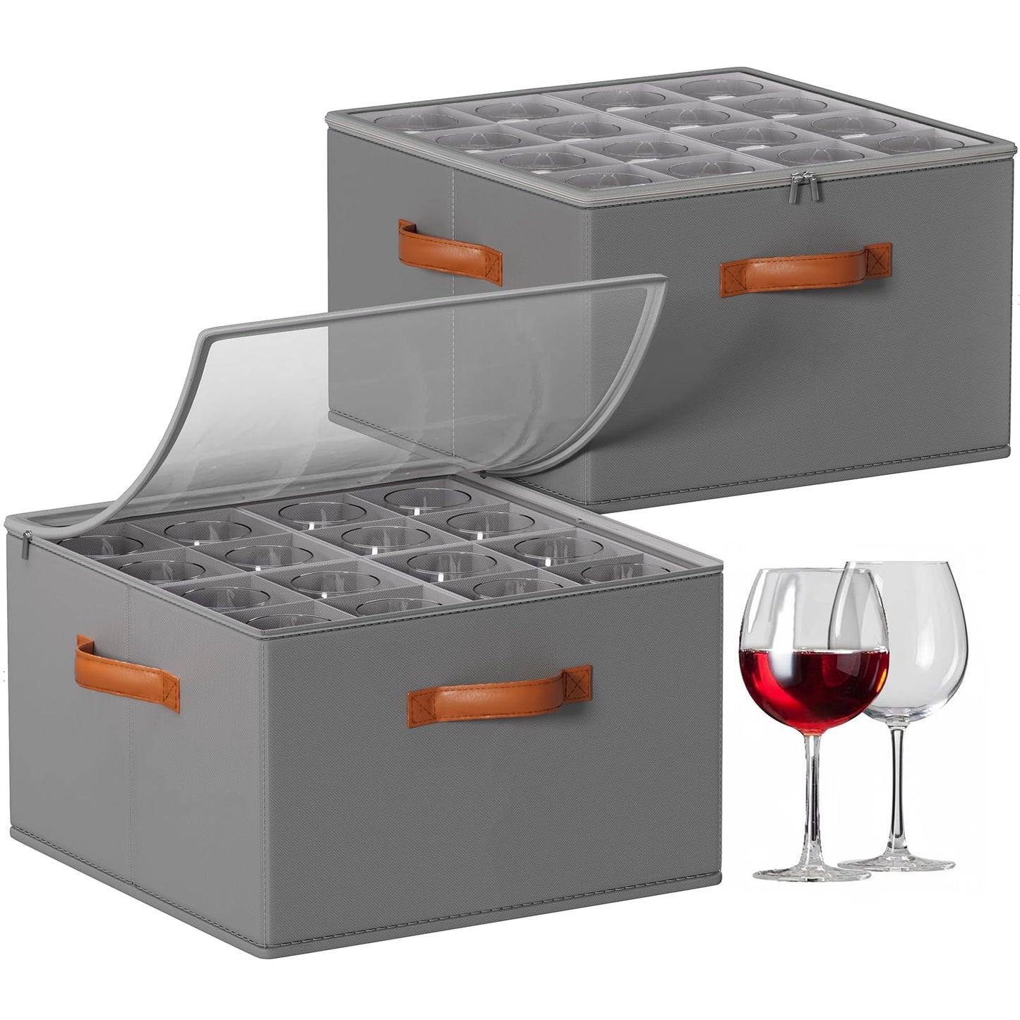 Foyego Wine Glass Storage Box with Dividers, 2 Pack Glassware Storage Containers, Stemware Storage Cases Holds 32 Wine Glasses, Stackable Crystal Storage Containers with Clear Cover for Moving，Gray