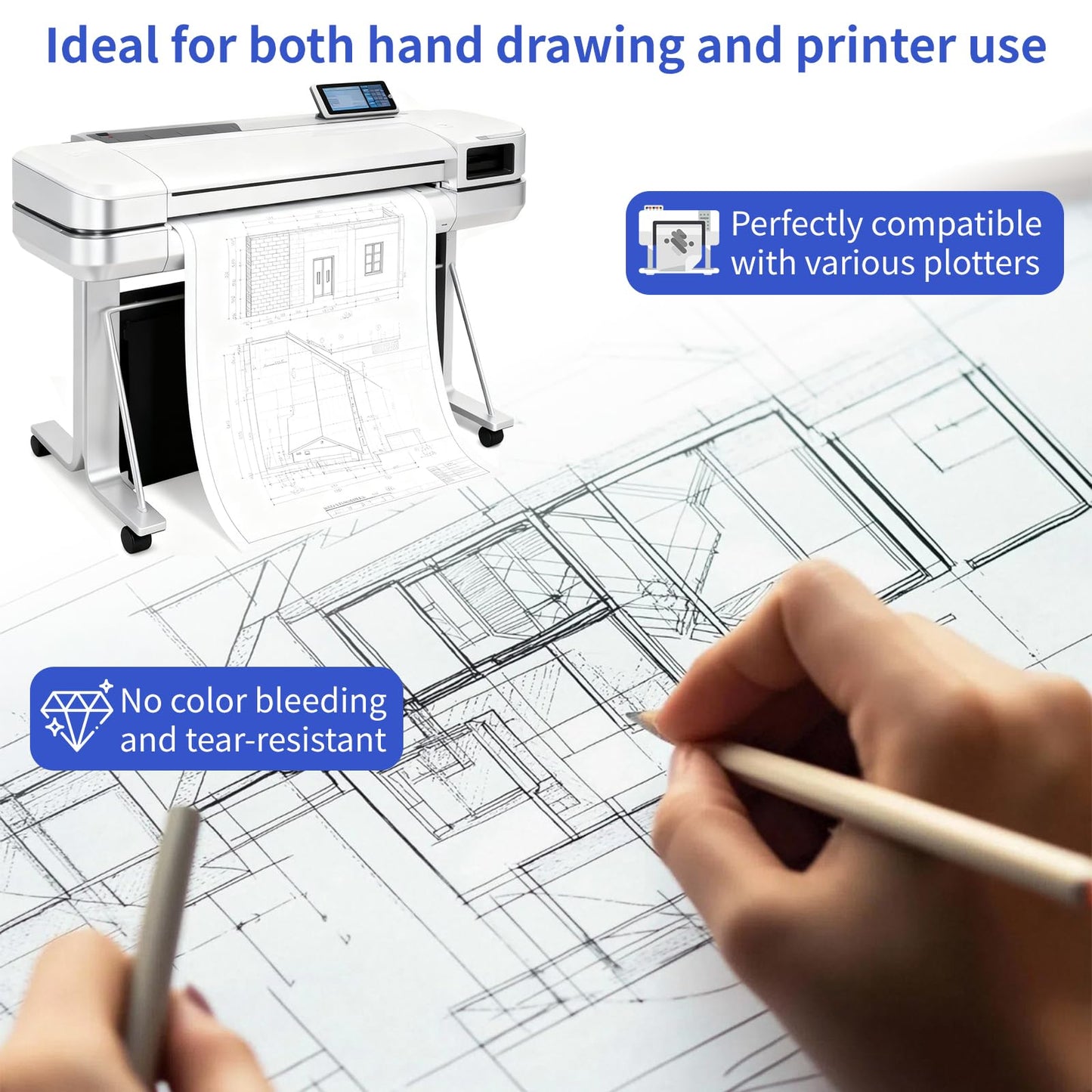 Wide Format Paper 24 In x 150 Ft,4 RollsPlotter Paper on 2" Core, CAD Bond Rolls for CAD Printing on Wide Format Ink Jet Printers,Choice for Engineering Plans, Architectural Designs and GIS Maps