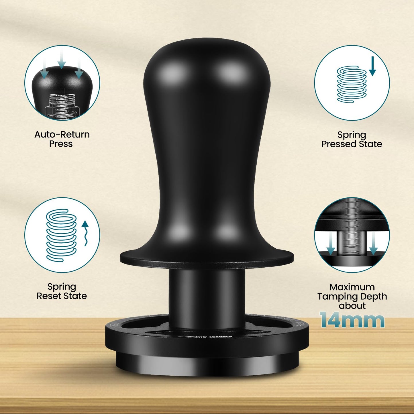 MHW-3BOMBER 58.5mm Calibrated Espresso Tamper with 30lbs Click Sound Feedback, 3-Spring Constant Pressure Tamper for 58mm E61 Portafilter, Electroplated Black Threaded SUS304 Base, T7018
