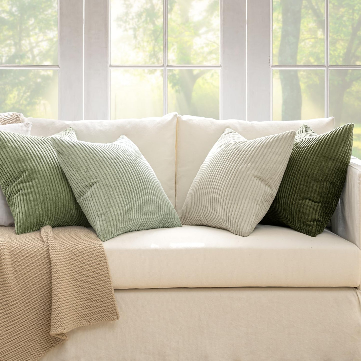 MIULEE Decorative Throw Pillow Covers Set of 4 Summer Light Green Gradient Natural Earthy Modern Classic Soft Corduroy Cushion Covers for Sofa Couch Bed Living Room Spring Home Decor 18x18 Inch