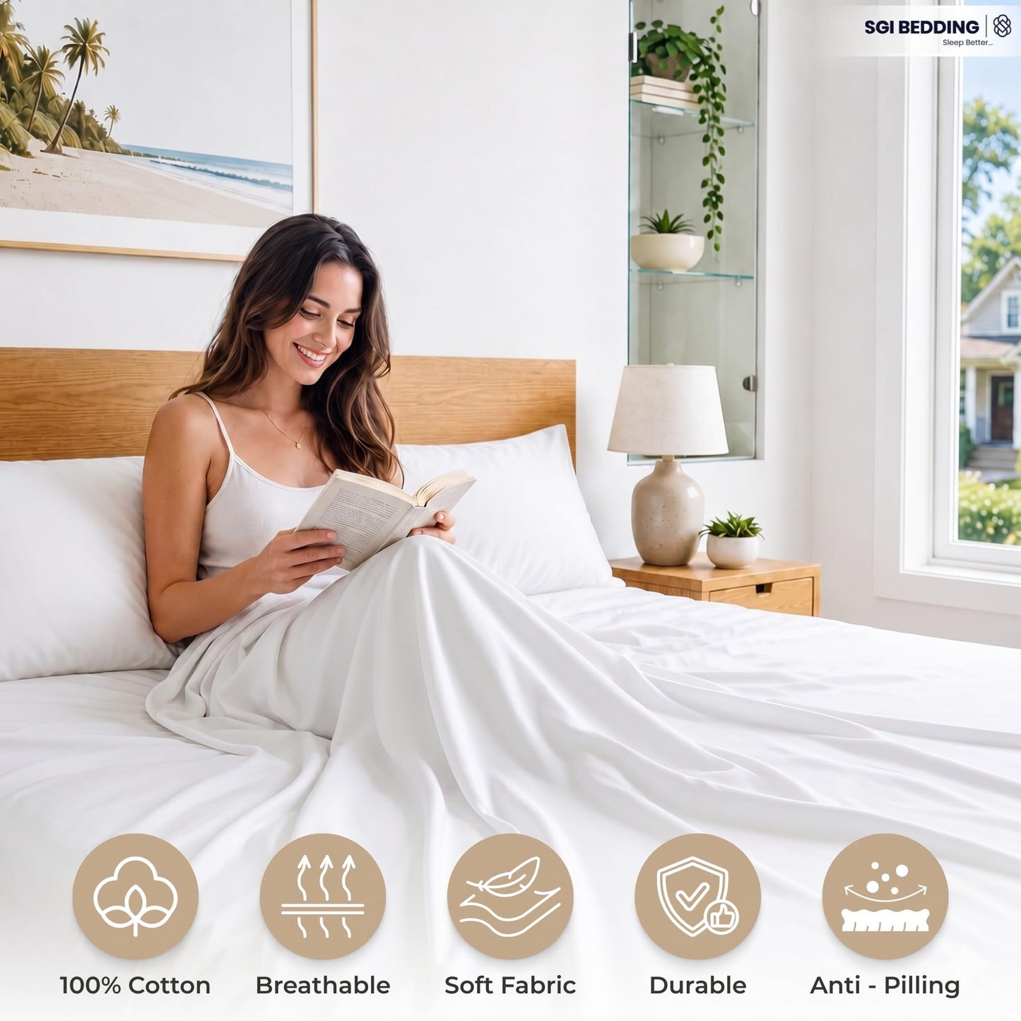 SGI bedding Queen Sheet Set – 100% Egyptian Cotton Sheets for Queen Size Bed, 600 Thread Count Sateen Weave, Cooling & Breathable, 15" Deep Pocket, Hotel Luxury Soft Bed Sheets Set, White