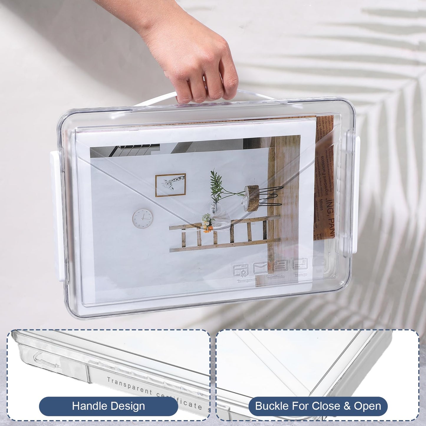 Mekueeex 4 Pack Clear Plastic File Boxes with Handle, Modern Style, Stackable, Water Resistant, A4 Letter File, Document, Photo, Scrapbook Storage