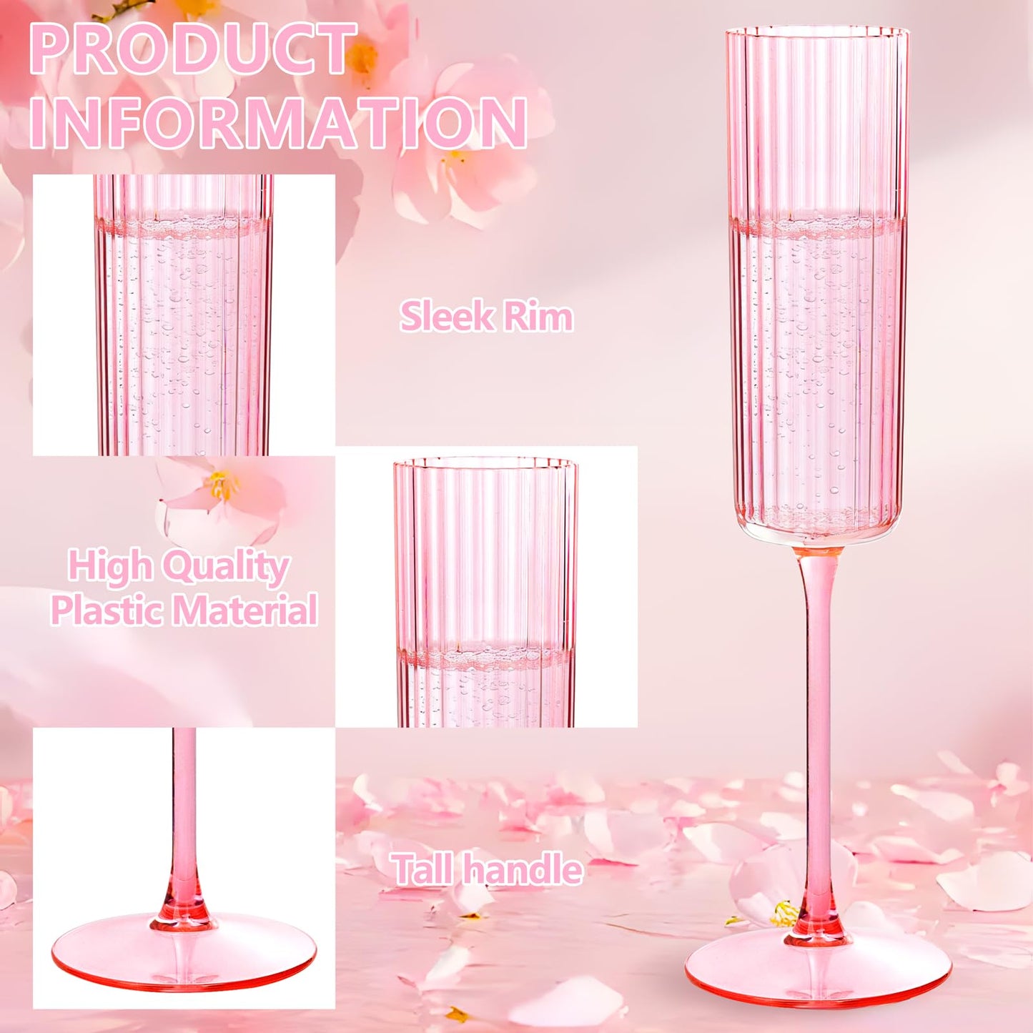 Joyido 36 Pack Pink Plastic Champagne Flutes - 6oz Ribbed Disposable Champagne Glasses - Clear Pink Vintage Mimosa Glasses with Long Stem Elegant & Lightweight for Wedding Party