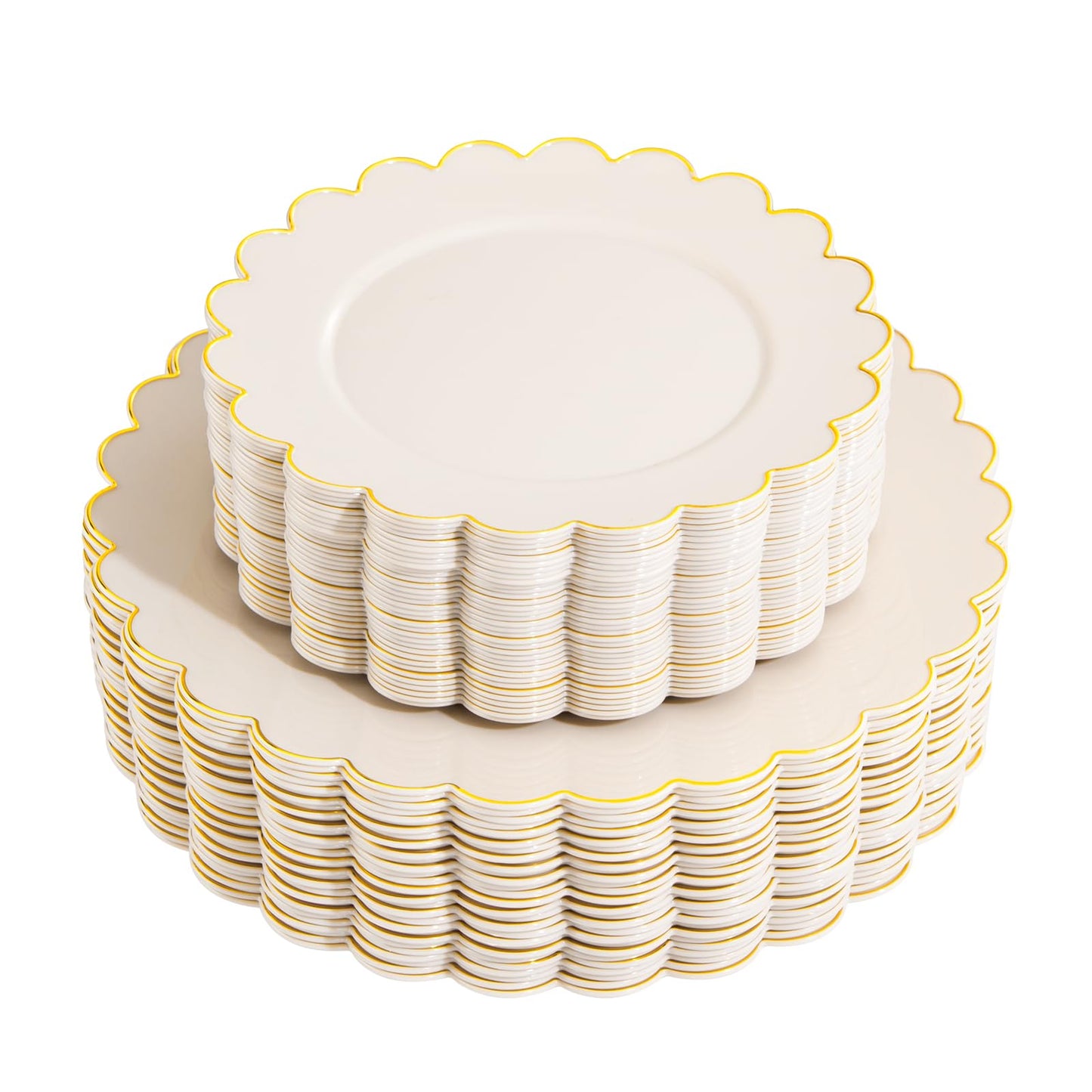 LIYH 60 Pcs Ivory and Gold Scalloped Plastic Plates - Disposable Fancy Combo Plates Includes 30 Dinner Plate 10.25" and 30 Dessert Plate 7.5" Plastic Heavy Weight Party Tableware Dishes