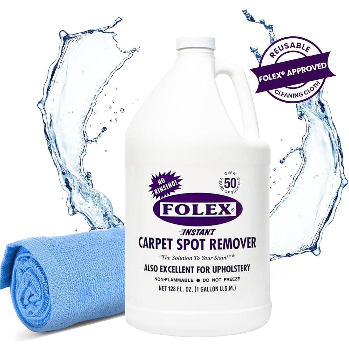 FOLEX Instant Carpet Spot Remover 128 oz - Powerful Stain Remover for Carpets, Upholstery & Rugs - Eliminates Pet Stains, Grease, Red Wine, Food, Makeup & More - With Reusable Cleaning Cloth - 1 Pack