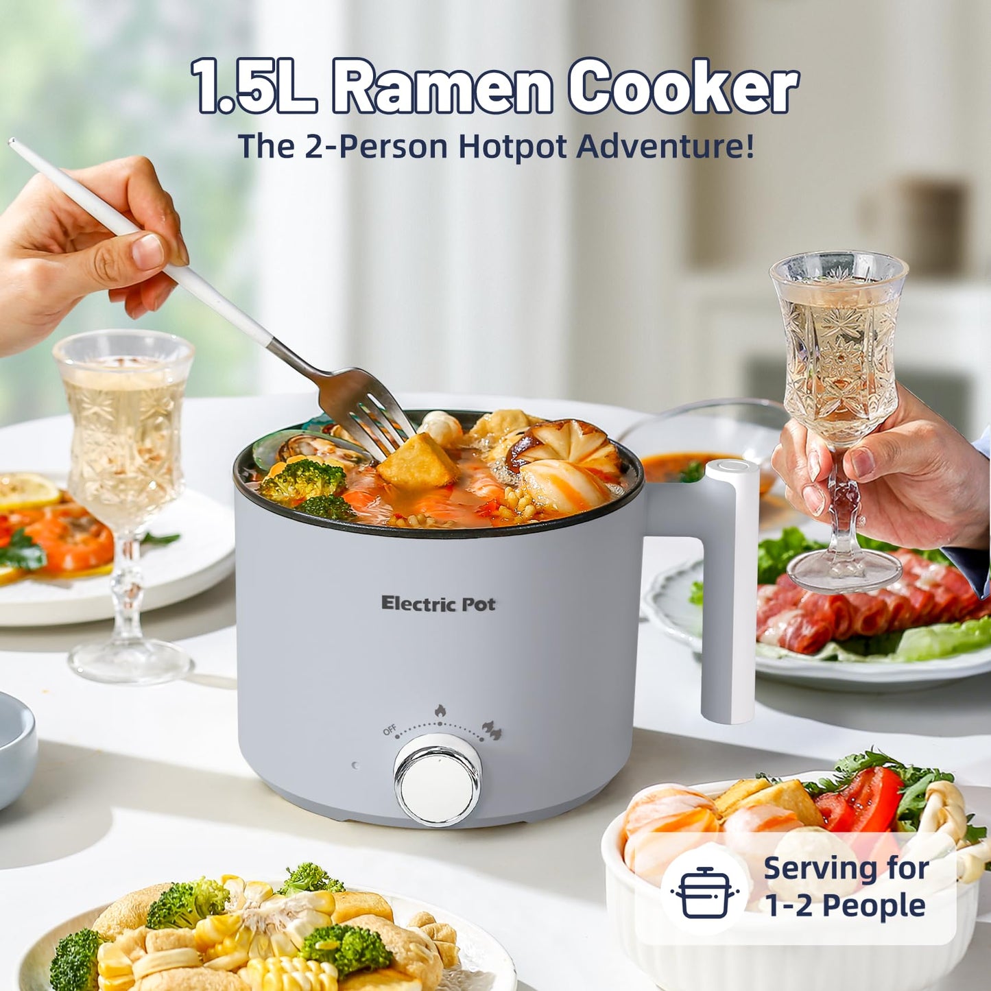 KERZION Electric Hot Pot :1.5L Mini Ramen Cooker with Overheat & Boil-Dry Protection, Suitable for Noodles, Soup, Oatmeal, College Dorm Office Travel Essentials (Grey, 1.5L)
