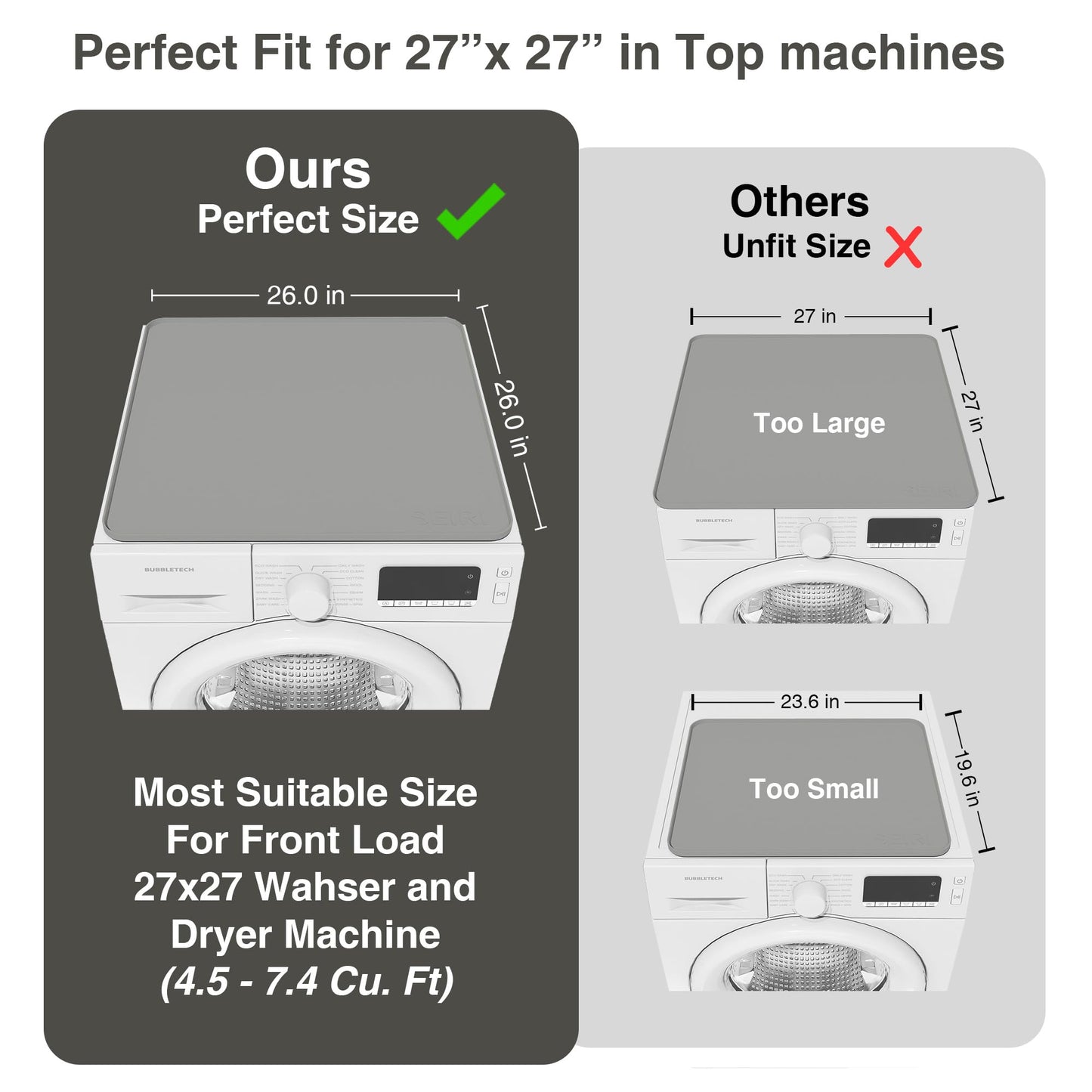 2 PACKS SEIRI Washer and Dryer Topper, 26" x 26" Silicone Dryer Top Protector Mats for Flat Top Surface Cover and Front Load Washing Machine Non-Slip Waterproof Laundry Topper Mat Large (Dark Gray)