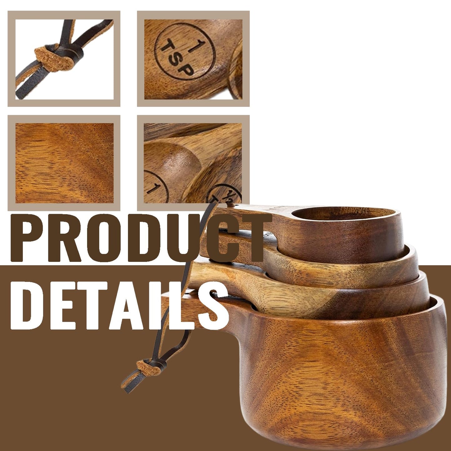Wooden Measuring Cups and Spoons Set - Eco-Friendly Solid Acacia Wood, Laser Engraved Measurements, Perfect for Baking & Cooking - Ideal for Bakers, Chefs & Home Cooks（brown）