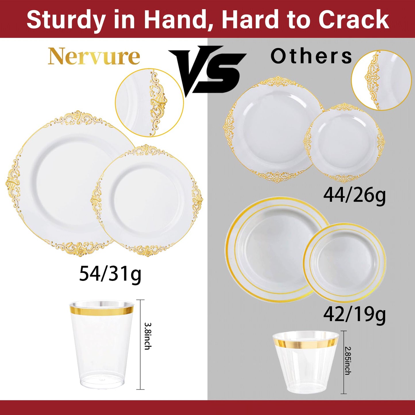Nervure 350PCS Gold Plastic Dinnerware - White and Gold Disposable Plates for 50 Guests - 100 White Disposable Plates, 150 Plastic Silverware, 50 Cups, 50 Napkins for Wedding & Party & Graduation