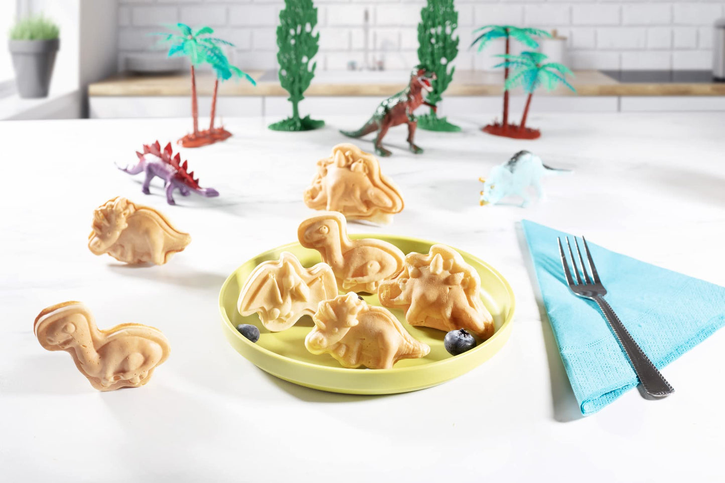 Dinosaur Mini Waffle Maker- Fathers Day Fun, 5 Different Double Sided 3D Shaped Dinos in Minutes- Kid Adult Breakfast w Novelty Pancakes, Electric Baker, Non-Stick Waffler Iron w Recipes, Gift for Him