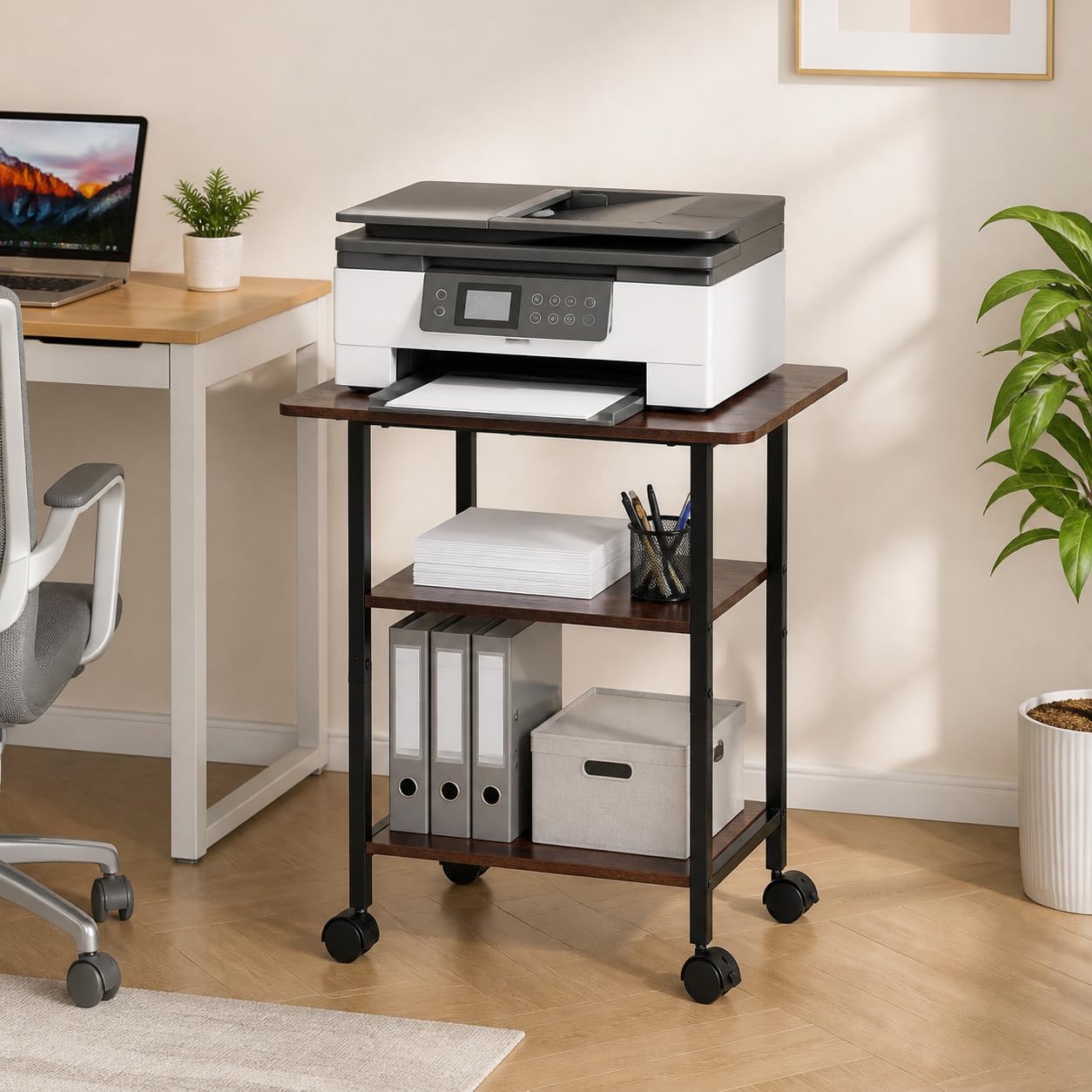 King Oasis 3-Tier Printer Stand with Wheels, Industrial Mobile Printer Cart with Storage Shelf for Home Office Organization, 3D Printer, Side Table for Living Room, Bedroom, Rustic Brown