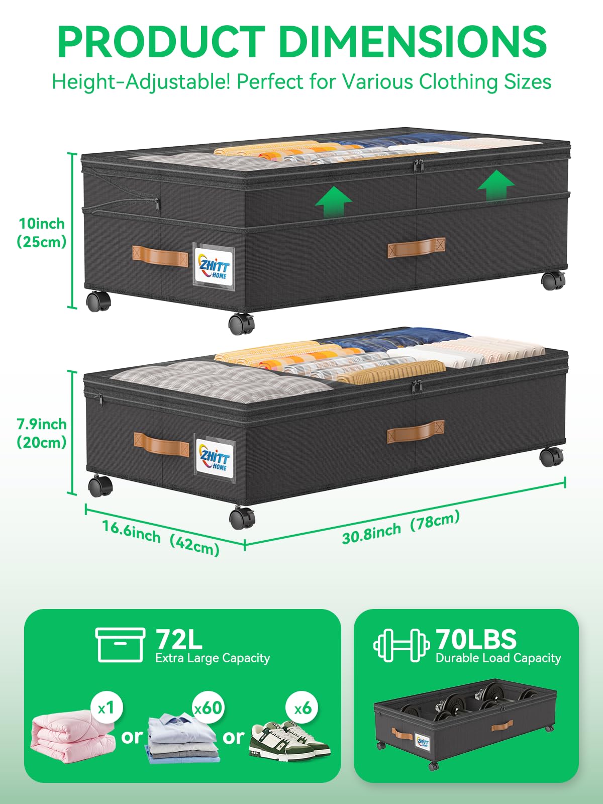 ZHITTHOME Under Bed Storage with Wheels, 2-Pack 72L XXXL Scalable Under Bed Storage Containers with Transparent Lids, Underbed Storage Organizer Rolling Bins for Shoes Clothes Sheet - Expandable Max