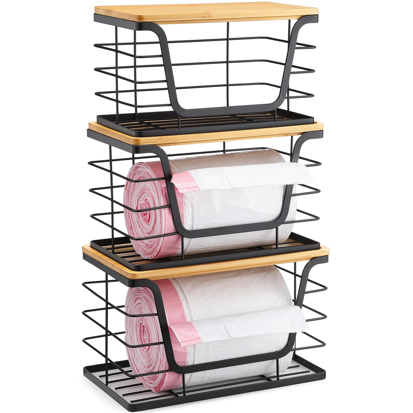 ALOCEO 3 Pack Stackable Storage Bins with Lids, Stainless Steel Trash Bag Dispenser Roll Holder for for Kitchen Sink, Laundry, Pantry Organizer and Storage