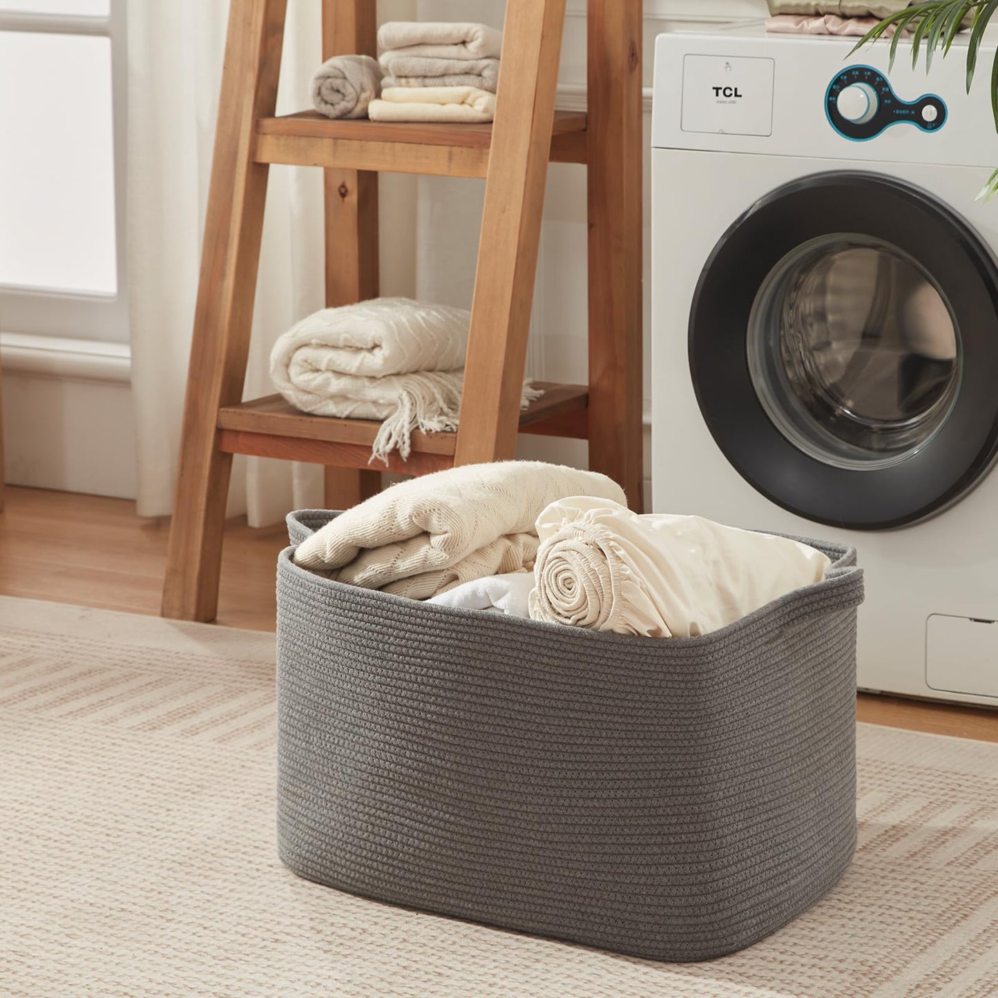 108L Extra Large Blanket Basket, for Living Room, Nursery, Bedroom, Laundry Room,Rectangle Woven Storage with Handles for Comforters, Pillows, Cushions and Toys, 24.8" x 16.2" x 16.2", Dark Grey