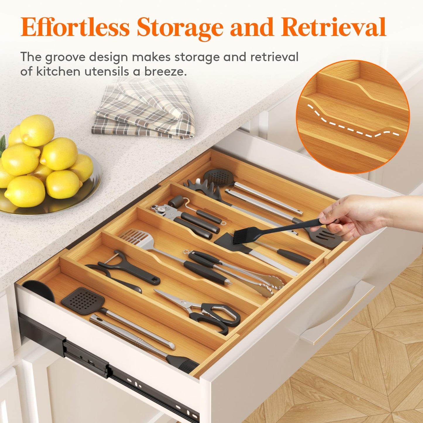 Lifewit Utensil Organizer for Kitchen Drawer, Expandable Cooking Utensil Tray, Cutlery Silverware Flatware Holder, Wood Adjustable Spatula Tools Storage Divider, 15.6-28 x 18.5, Natural
