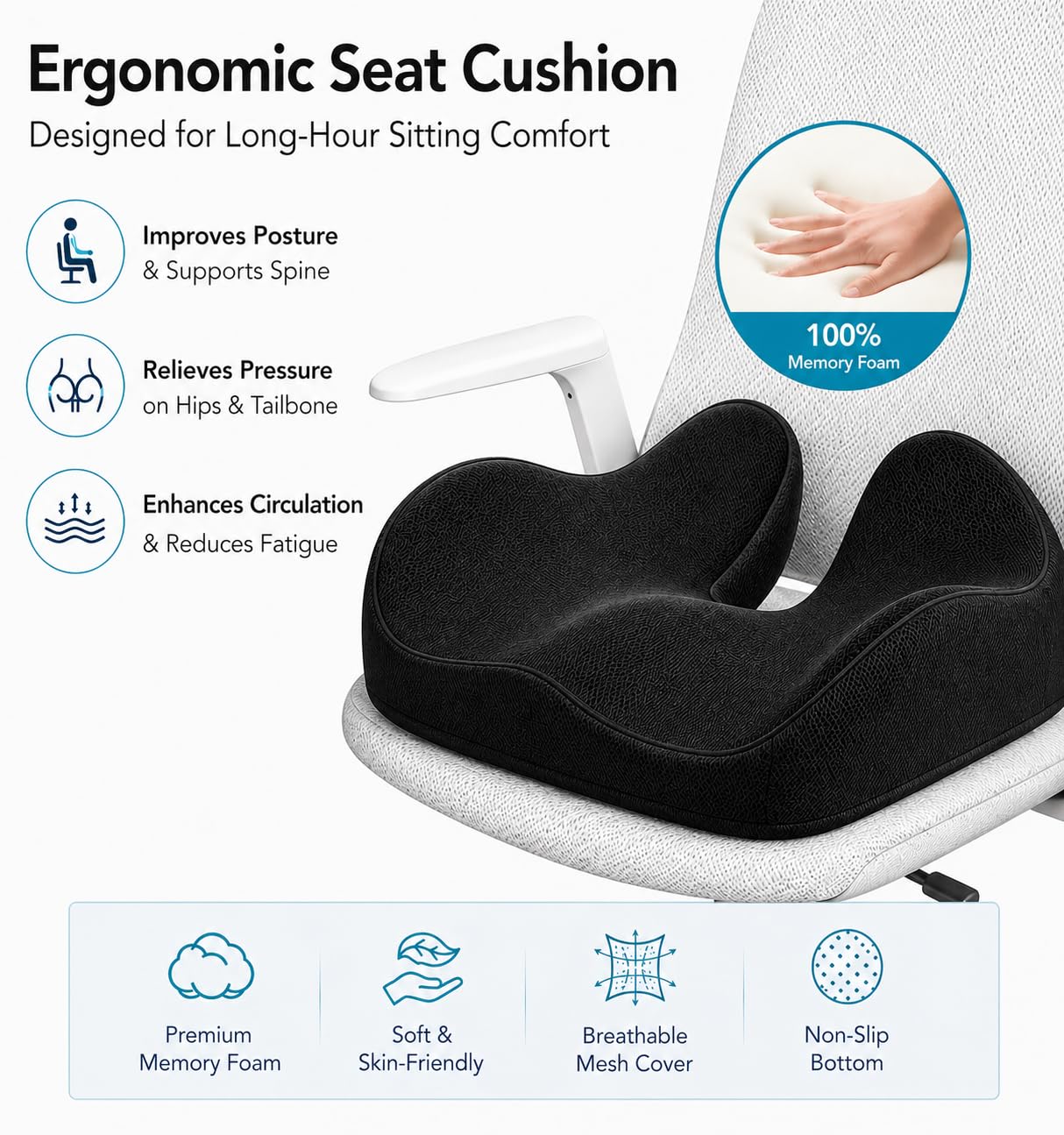 CXC Tailbone Pain Relief Seat Cushion, Coccyx Memory Foam Cushion for Sciatica & Pressure Relief, Ergonomic Seat Pad for Office Chair, Car & Wheelchair, Non-Slip (Black - Breathable Mesh)