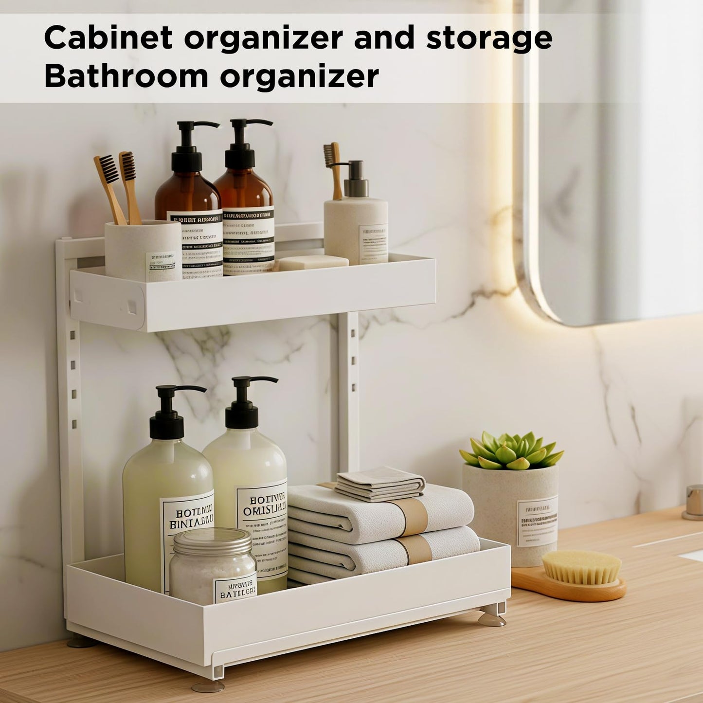 Kovryx Under Sink Organizer Bathroom Kitchen: 2 Pack 2 Tier Metal Under Cabinet Storage with Height-adjustable Shelf and Pull out Rack for Pantry Vanity Cupboard Counter Countertop, White