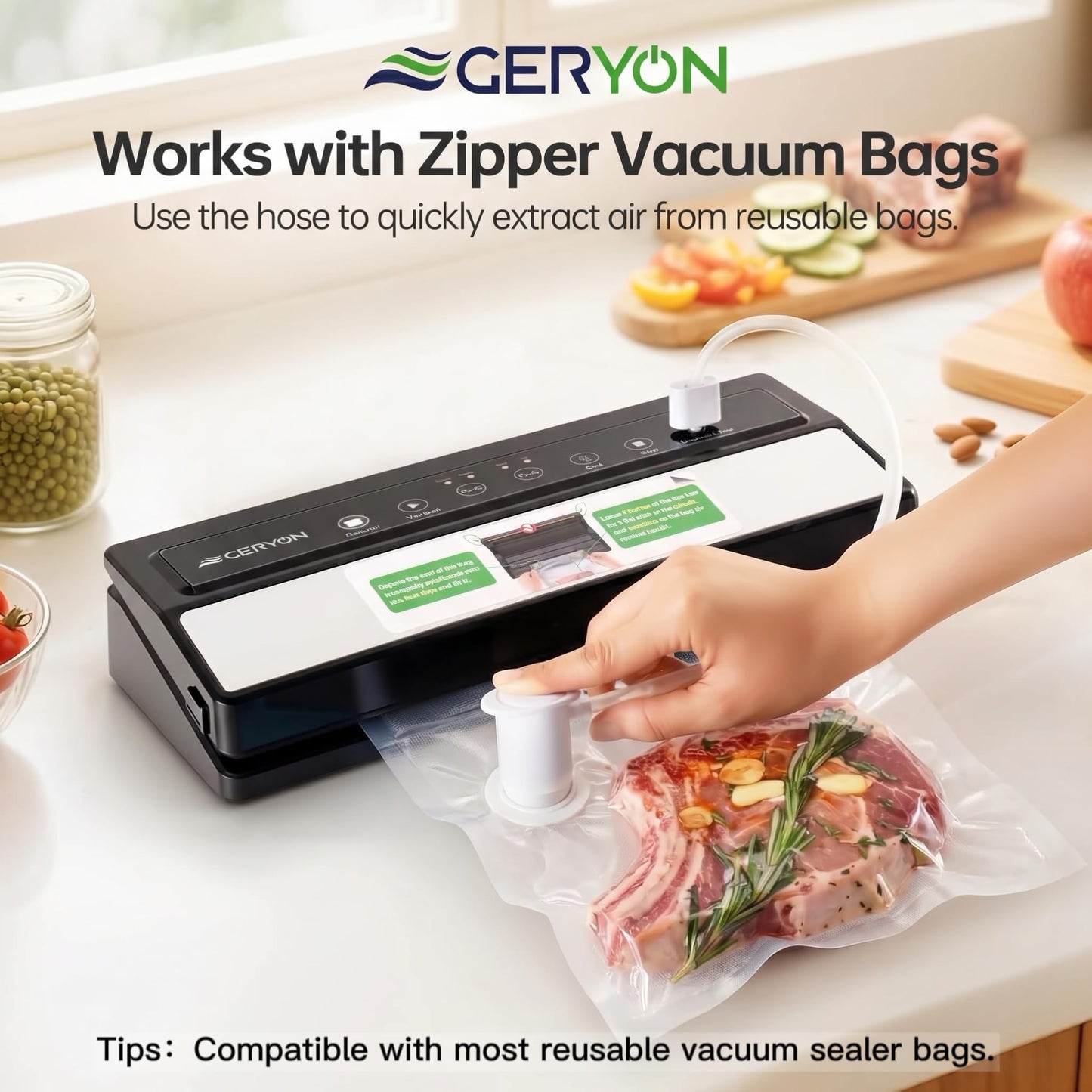 GERYON Vacuum Sealer Machine for Dry & Moist Food, Works with Reusable Vacuum Bags, Compact Design with LED Touch Controls, Includes Reusable Bags & Roll for Sous Vide & Freezer Storage