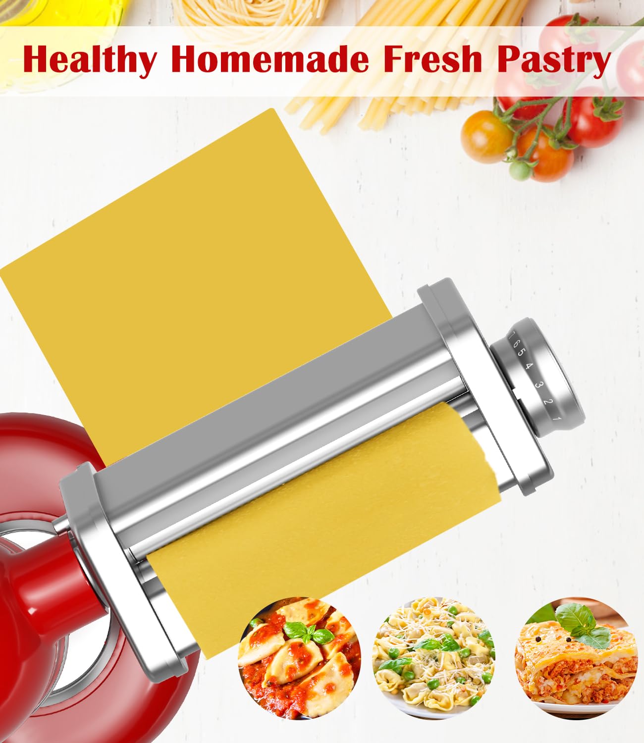 Pasta Roller Attachment for KitchenAid Stand Mixer, Stainless Steel Pasta Maker for Pasta, Ravioli, Noodle Dough Sheet Roller with 8 Adjustable Thickness Knob