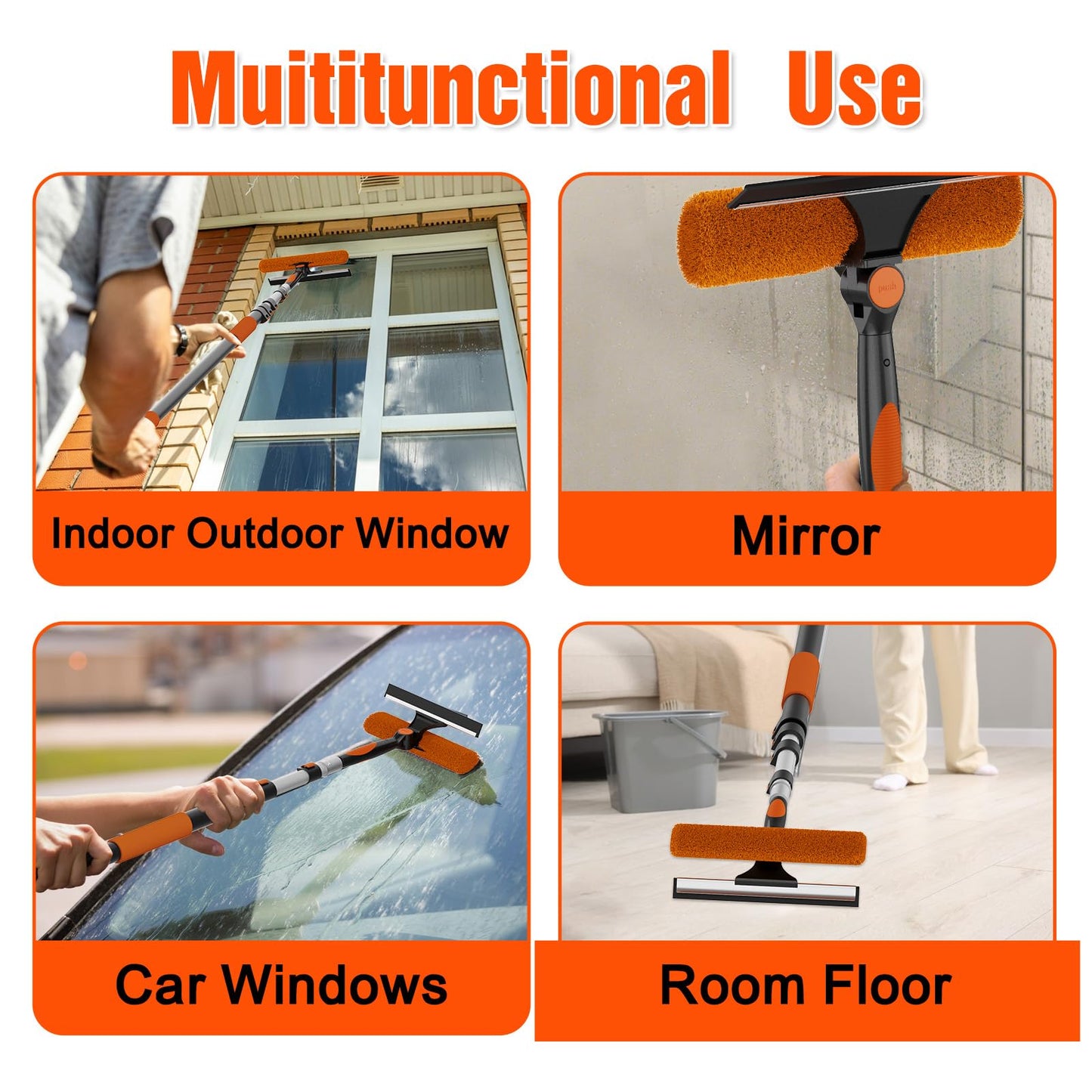 25FT Reach Window Squeegee Kit with Extension Pole, 2-in-1 Professional Washer for High Windows, 5-20FT Adjustable Reach, Rotatable Head for Indoor & Outdoor Use, Streak-Free Cleaning Tool for Home