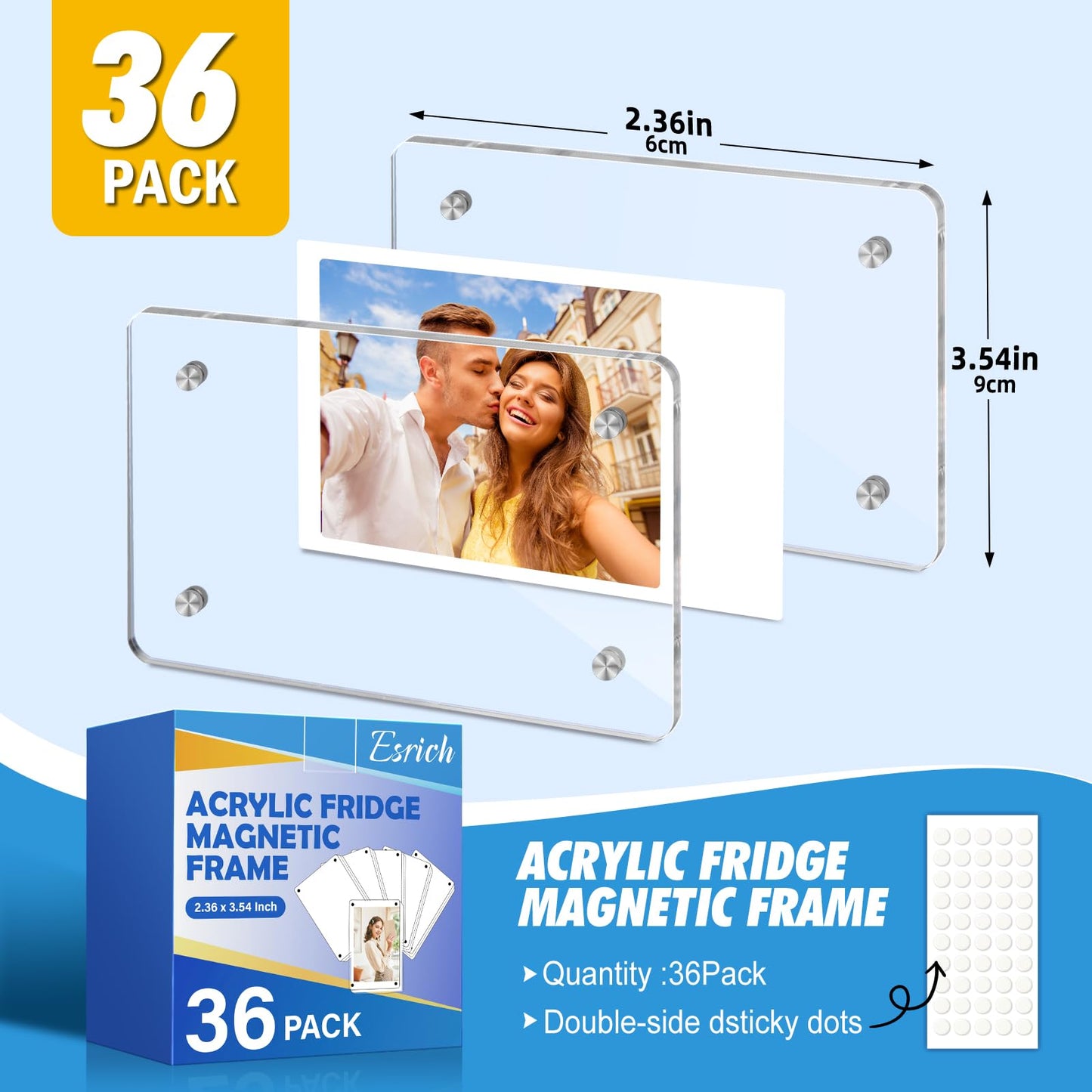 ESRICH 36 Pack-Acrylic Fridge Magnetic Frame, Mini Picture Frames, Double Sided Photo Magnet Frames for Refrigerator, Mini Clear Picture Frame, Gifts (2.36 x 3.54Inch)