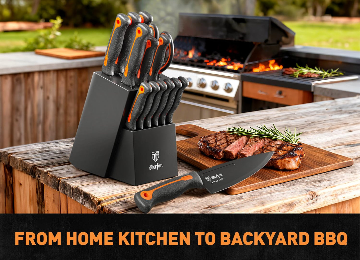 ODERFUN Knife Block Set -15 PCS Dishwasher Safe Kitchen Knife Set, High Carbon Stainless Steel, Razor-Sharp knives set with sharpener, Non-Slip Handles, Elegant Box for Her Him Women Dad Father