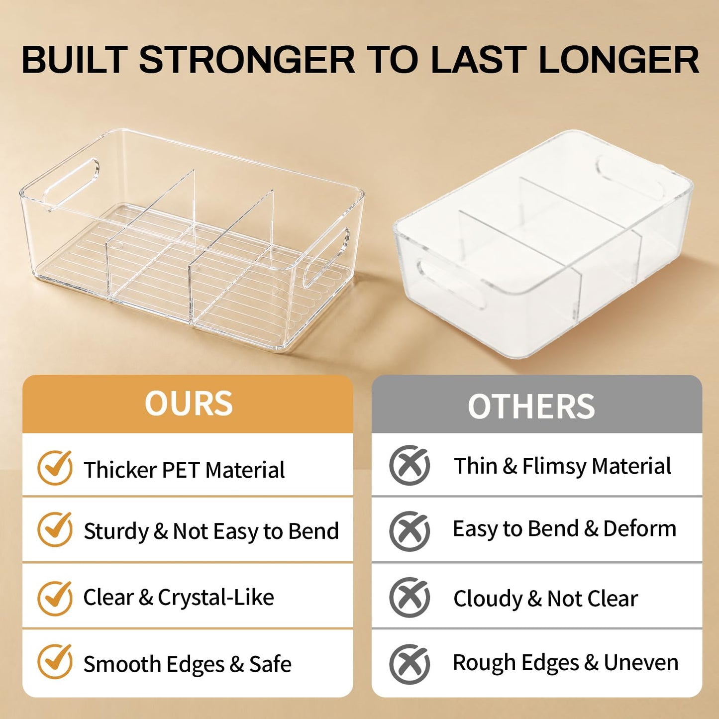 Mpotmiy 6 Pack Pantry Organizers and Storage,Clear Plastic Containers with 2 Dividers for Kitchen,Fridge Organization and Storage,Acrylic Bins for Pounches,Spice Packet,Snack organzier