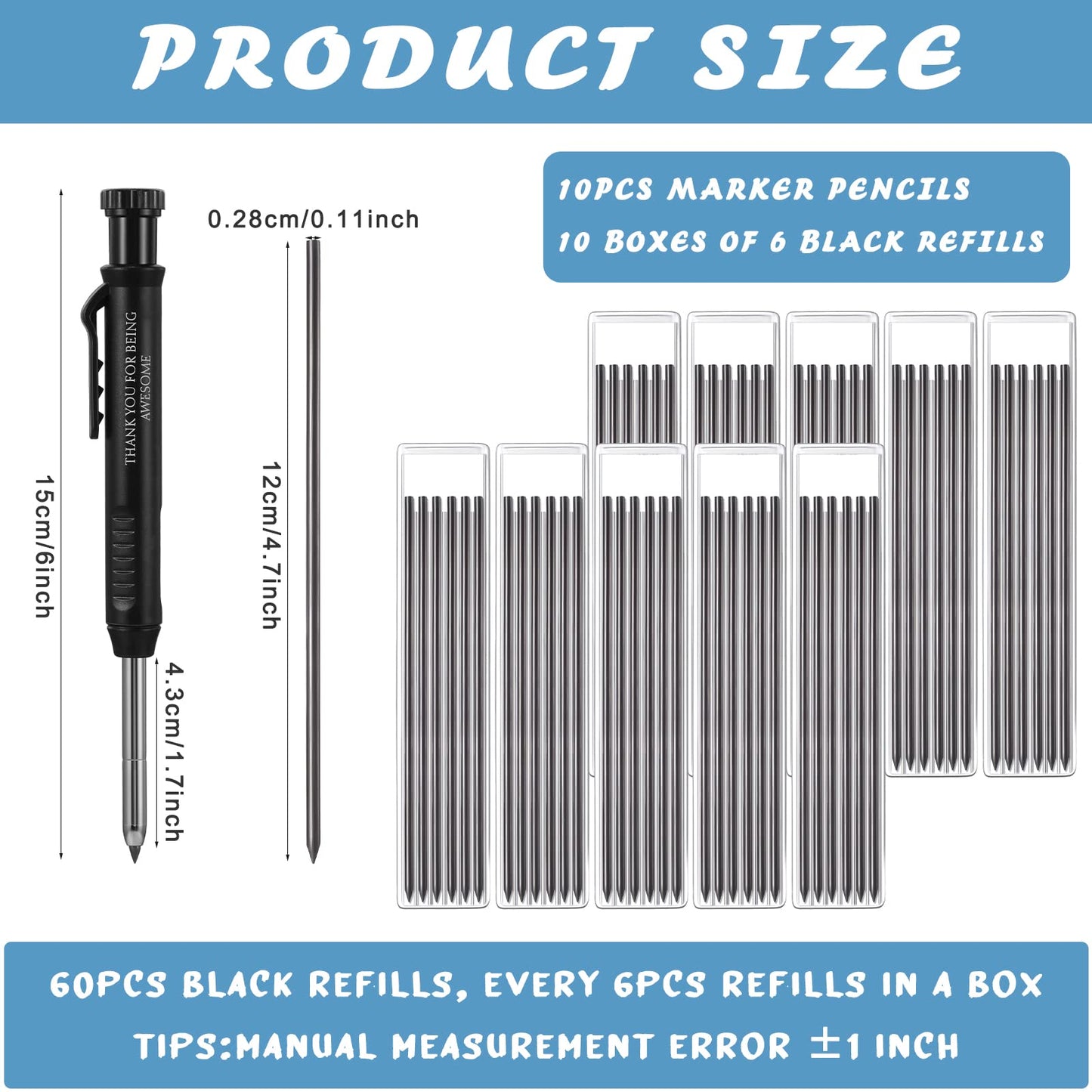 Colarr 10 Pcs Fathers Day Mechanical Carpenter Pencil with 60 Refill Deep Hole Mechanical Pencil Marker with Sharpener Black Solid Gift for Carpentry Architect Birthday