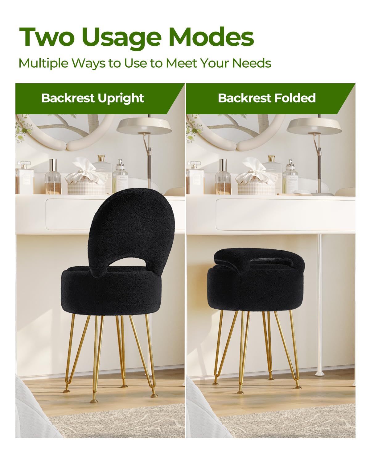 GREENSTELL Small Vanity Stool Chair with Storage and Folding Back, 13" x 13" x 17.7" Faux Fur Soft Ottoman for Teenager, 4 Metal Legs with Anti-Slip Feet, Furry Padded Seat for Makeup, Bedroom, Black