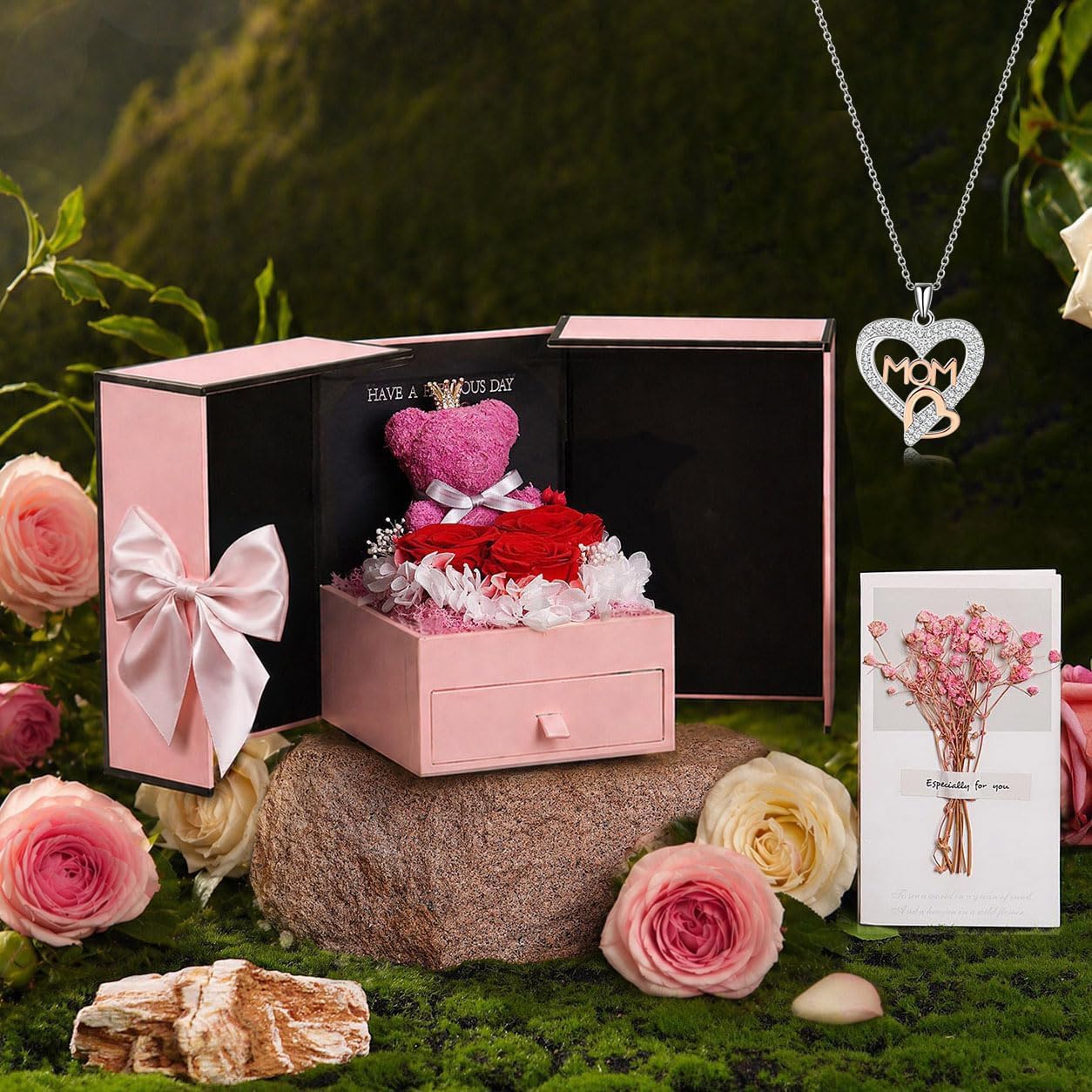ADDWel Gifts for Mom Birthday - Real Preserved Rose Gift with 925 Sterling Silver Mom Necklace and Cute Teddy Bear, Timeless Elegant Gift from Husband Son or Daughter, Unique Moms