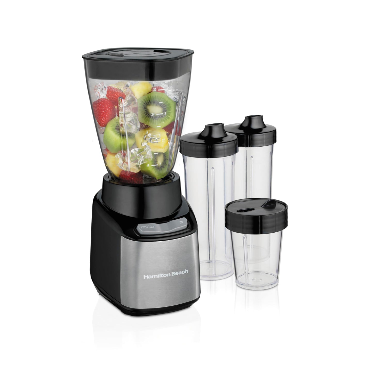 Hamilton Beach MultiBlend Smoothie Blender with 4 Shatterproof BPA Free Jars and Lids; Large 32oz Jar, 8oz Grinder for Nuts & Spices, and 2 Portable Travel Cups, 650 Watts, Black and Stainless (52400)