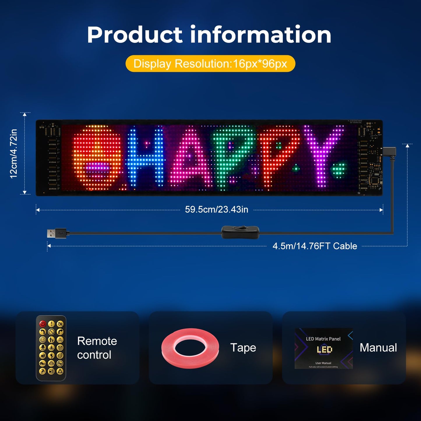 LUXONIC Super Brighter 59.5x12CM Scrolling LED Sign Display,USB 5V Flexible Programmable Screen with Bluetooth APP Control,Custom Text Pattern Animation, Waterproof RGB Signs For Car,Home,Store,Bar