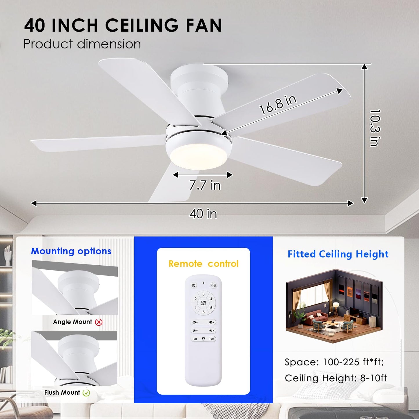 Hounberi 40 Inch White Ceiling Fan with Light and Remote, Low Profile Flush Mount Ceiling Fans, Quiet Reversible Motor, 3-Color Dimmable LED, Modern Indoor Fan for Bedroom, Living Room & Low Ceilings