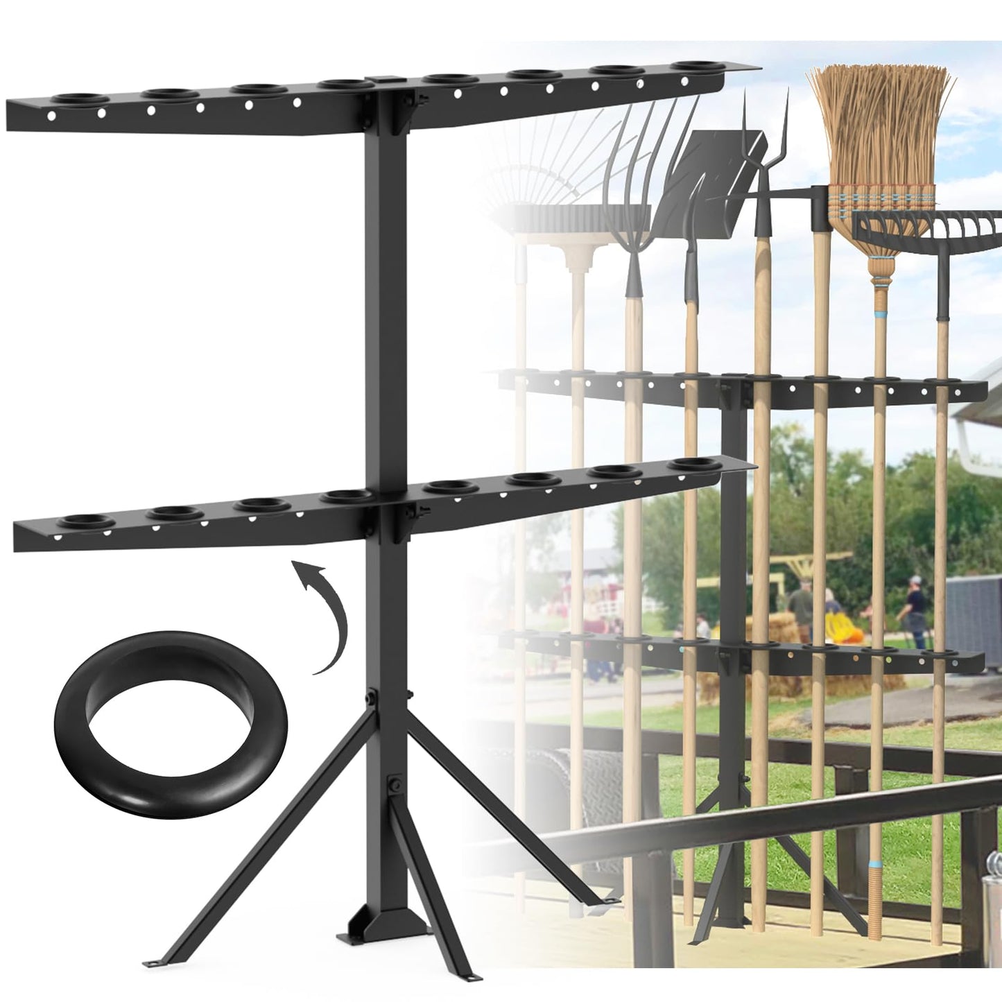 Fumingpal Utility Trailer Tool Rack, Shovel Rack for Truck, Rake Shovel Holder Landscape Hand Tool Accessories for Trailer Truck with 8 Rubber Holes with Brackets, Standard Black
