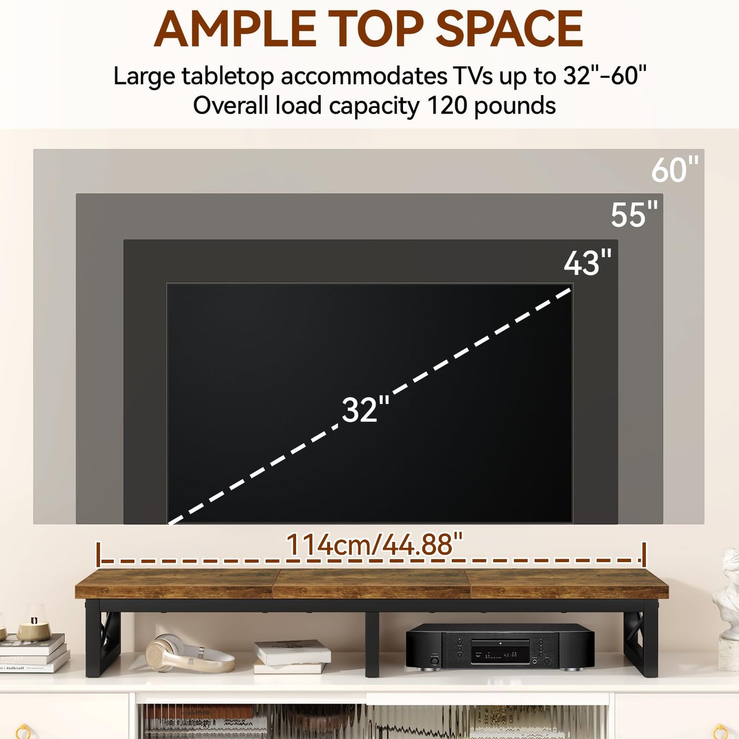 IBUYKE 45" Large TV Riser for 32-60 inch TV,Tabletop Short TV Stand with Storage and Steel Legs,Dual Screen Office Desk,Stand Riser,TV Riser Stand for Home,Bedroom,Living Room,Rustic Brown TVT002H