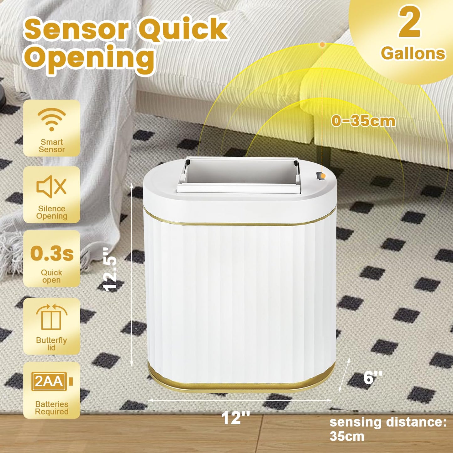 ELPHECO Bathroom Trash Can with Lid Butterfly, Motion Sensor Trash Can Bathroom Decor Automatic Garbage Can Wastebasket Bathroom Accessories, Kitchen, Living Room, Office, White Gold