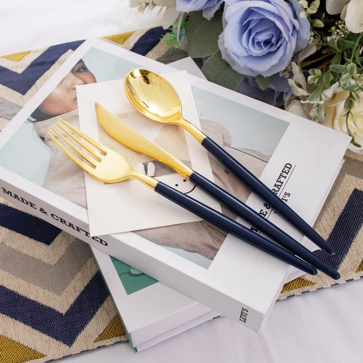 Liacere 150PCS Blue Plastic Plates - Gold Plastic Silverware with Blue Handle - Navy Disposable Plates Include 30 Guests Plates,Forks,Spoons,Knives for Party & Graduation & Independence Day
