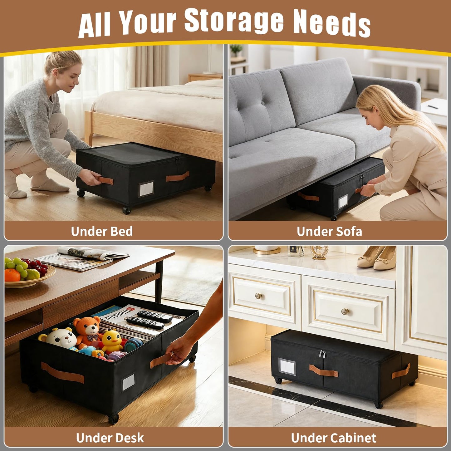 Under Bed Storage Containers with Wheels 2-Pack , 9.5" Tall Underbed Storage Drawers Organizer Bins for Clothes Shoes Toys Wrapping Paper with Extra Interior Pockets, Easy Pull-out, Heavy-duty