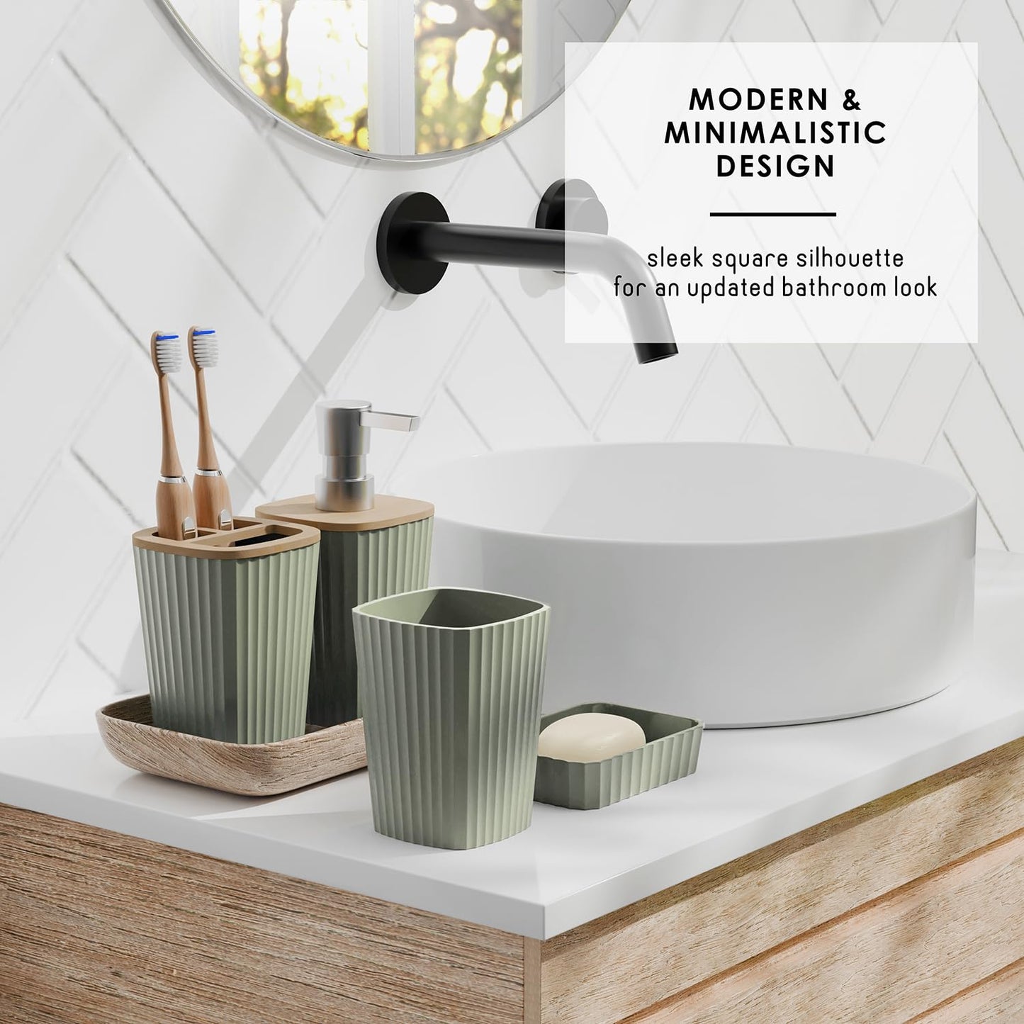 Clara Clark Bathroom Set - Sage Green Bathroom Accessories Set, 6PC Bathroom Accessory Set, Bathroom Sets with Toilet Brush, Trash Can & Soap Dispenser