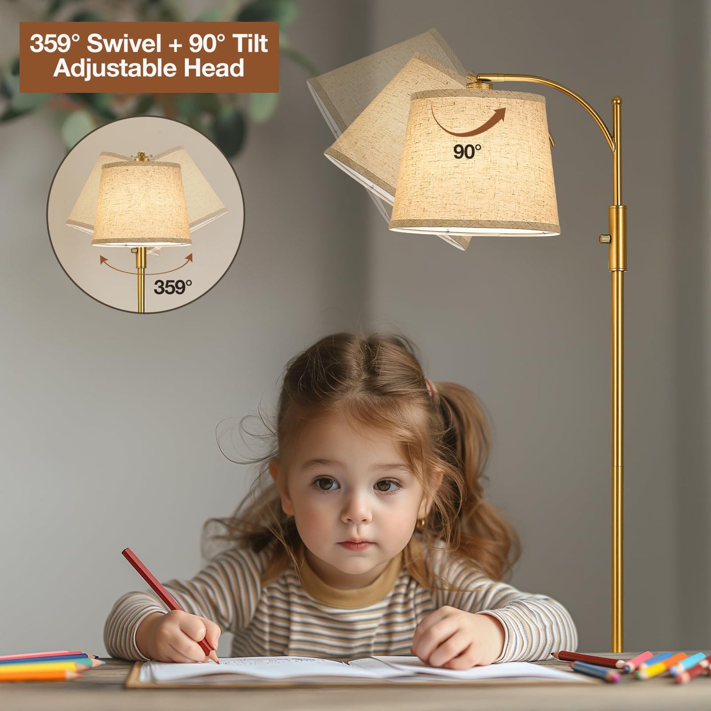 AIDENOEY Fully Dimmable Floor Lamp for Living Room，Standing Lamp Rotary Switch with Table&Linen Beige Shade，Golden Tall Lamps for Bedroom with Adjust Head，9W LED Bulb Included
