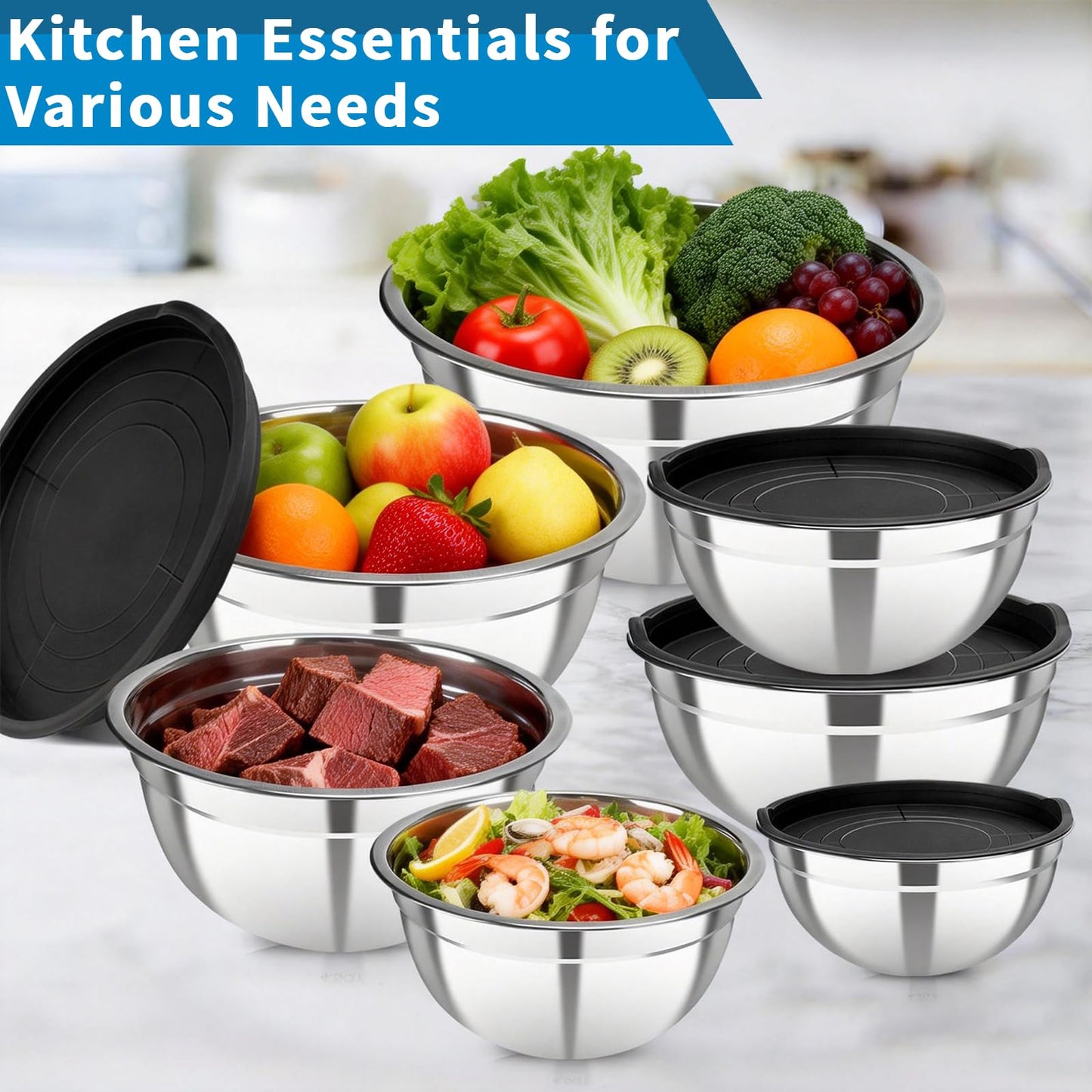 YJSLICT Stainless Steel Mixing Bowls with Lids Set, 7 Pcs Nesting Design Metal Mixing Bowls Salad Bowl for Mixing, Prepping and Serving Food(Size4.5-0.7QT)