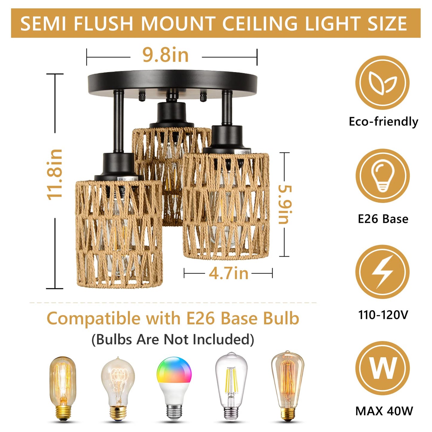 3-Lights Boho Light Fixtures Ceiling Mount, Farmhouse Rattan Chandelier, Hand Woven Cage Shade Semi Flush Mount Ceiling Lights for Bedroom Foyer Entryway Kitchen, Hallway Rattan Light Fixtures Ceiling