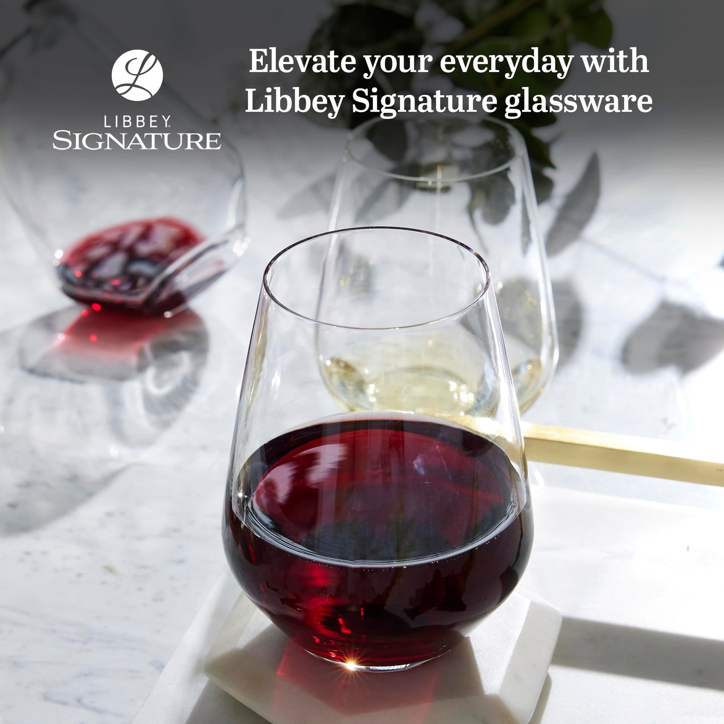Libbey Signature Greenwich Stemless Wine Glasses Set of 6, Modern Wine Glasses for Red and White Wine, Ideal Stemless Wine Glass Set for All Occasions