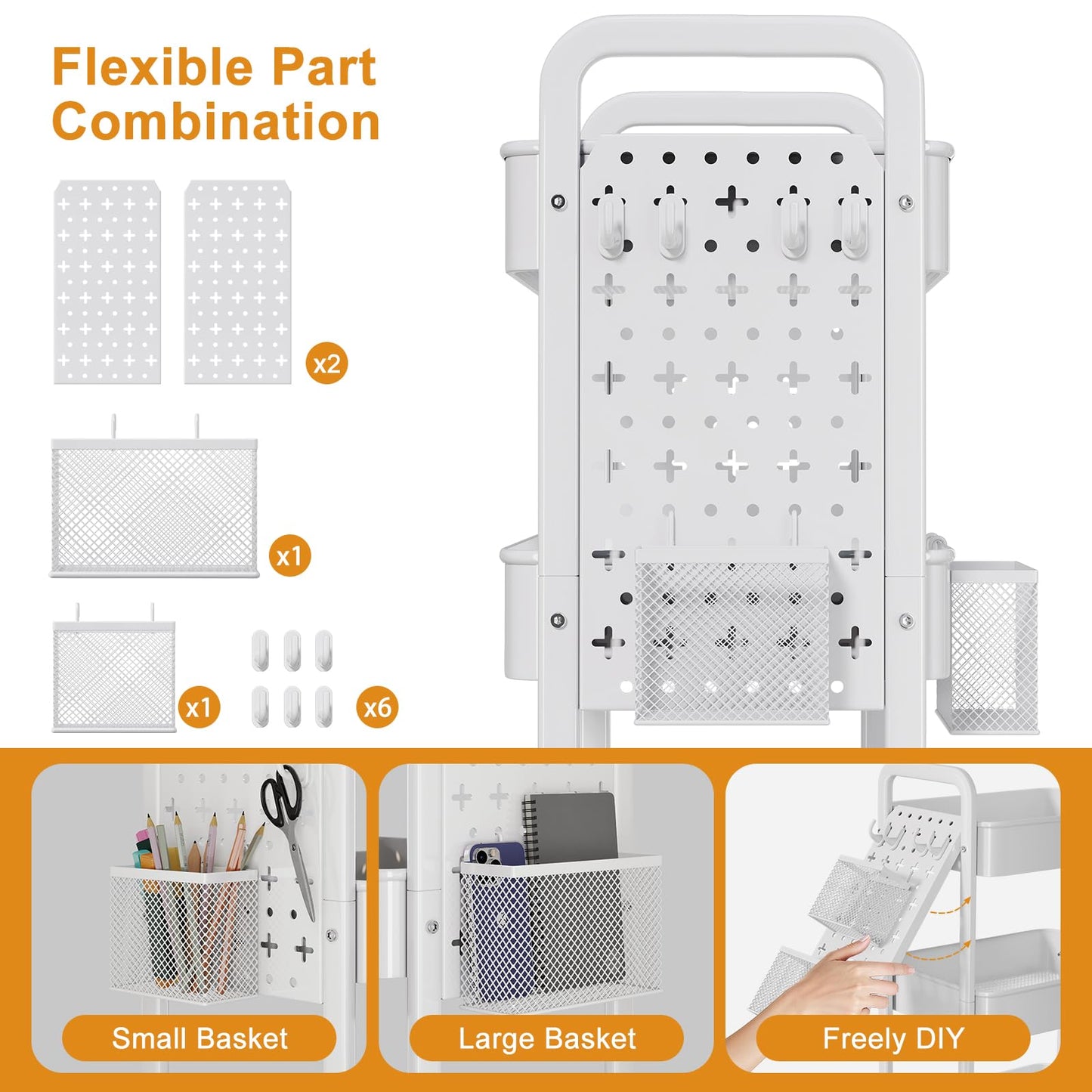 3 Tier Rolling Cart Metal with DIY Pegboard, White Rolling Cart on Wheels for Art Supply Organizer, Three Tiered Craft Organizers and Storage Cart, Utility Hobby Carts for Baby Diaper Caddy,Nail,Book